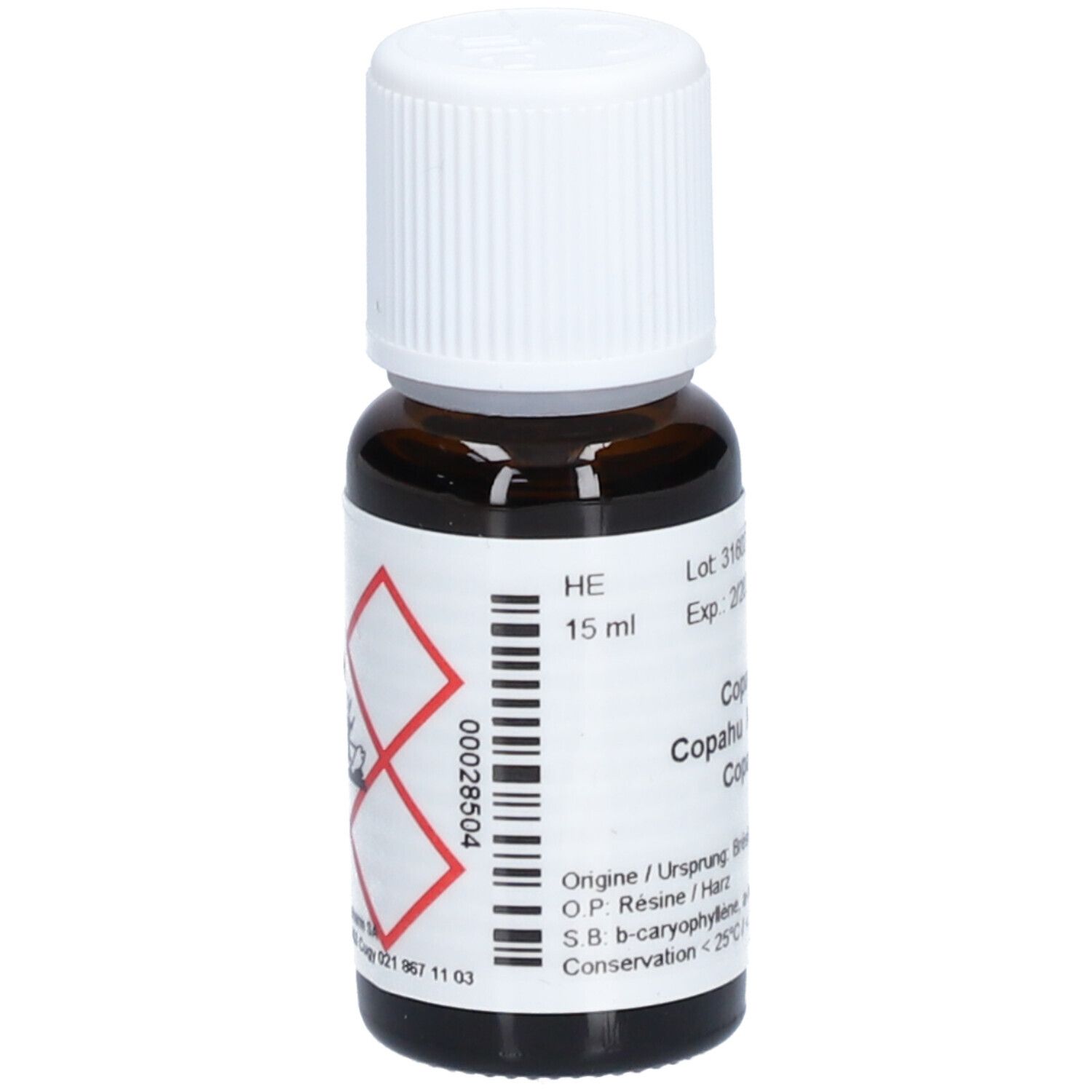 Braune Glasflasche mit weißem Deckel. Etikett mit Gefahrensymbolen und Barcode. Volumen: 15 ml. Produktinformationen.
