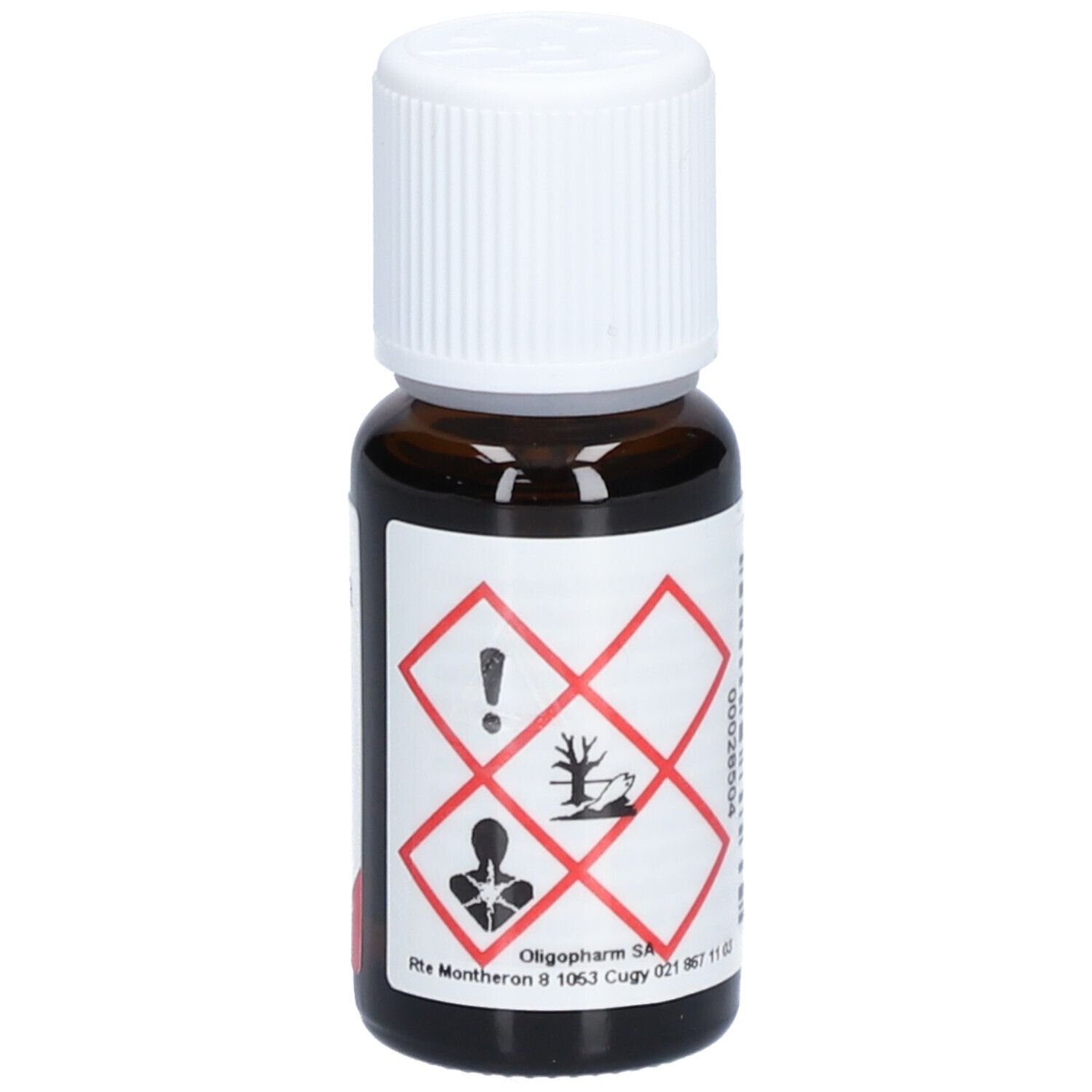 Braune Glasflasche mit weißem Deckel. Etikett mit Gefahrensymbolen. Produktinformationen.