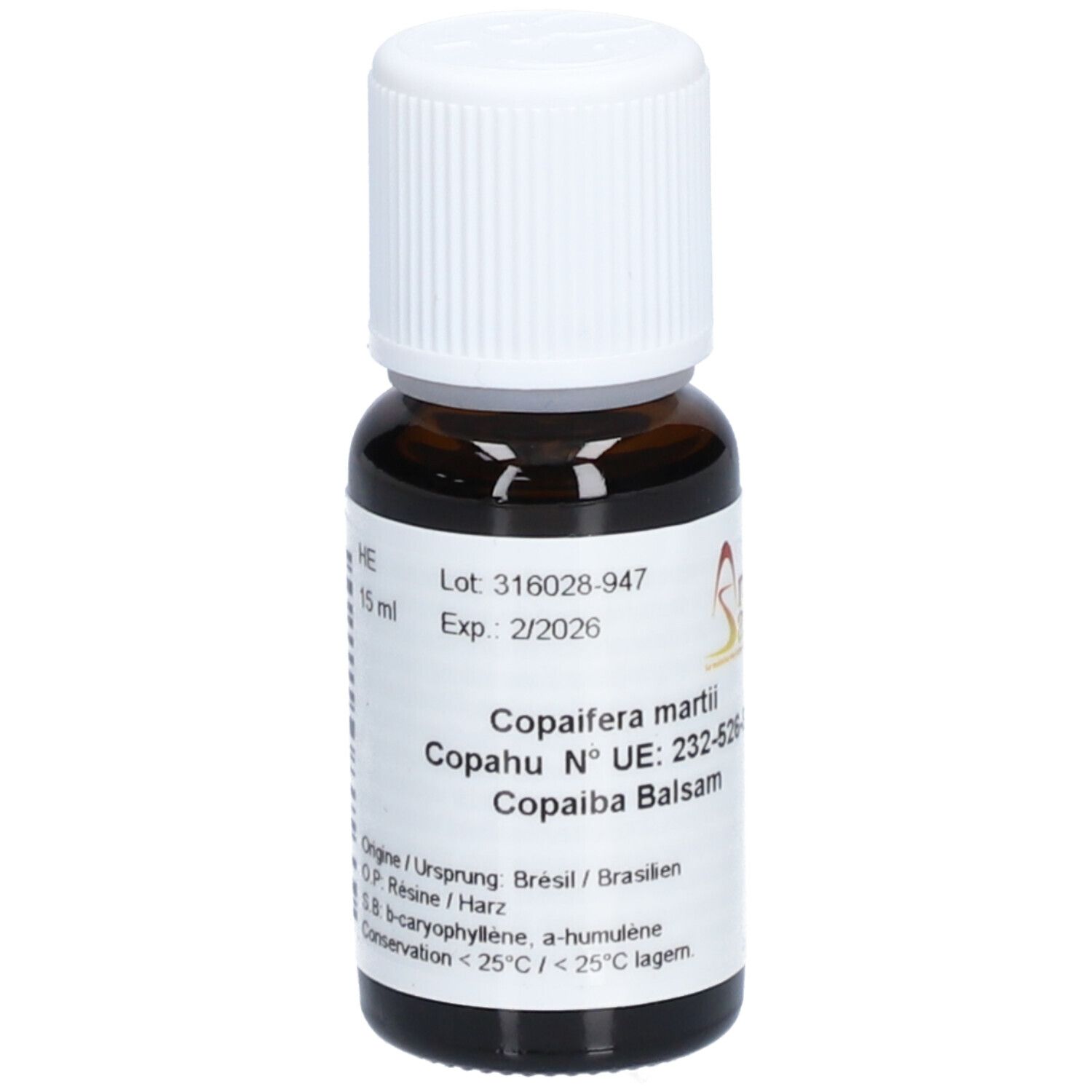 Braune Glasflasche mit weißem Deckel. Etikett mit Produktinformationen: Copaiba Balsam, Chargennummer, Verfallsdatum. Aromasan Logo.