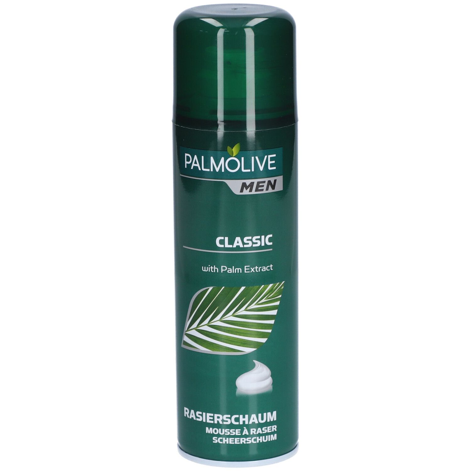 Grüne Dose mit Palmolive Men Classic Rasierschaum. Text: Classic, mit Palmextrakt, Rasierschaum, Mousse à raser, Scheerschuim.