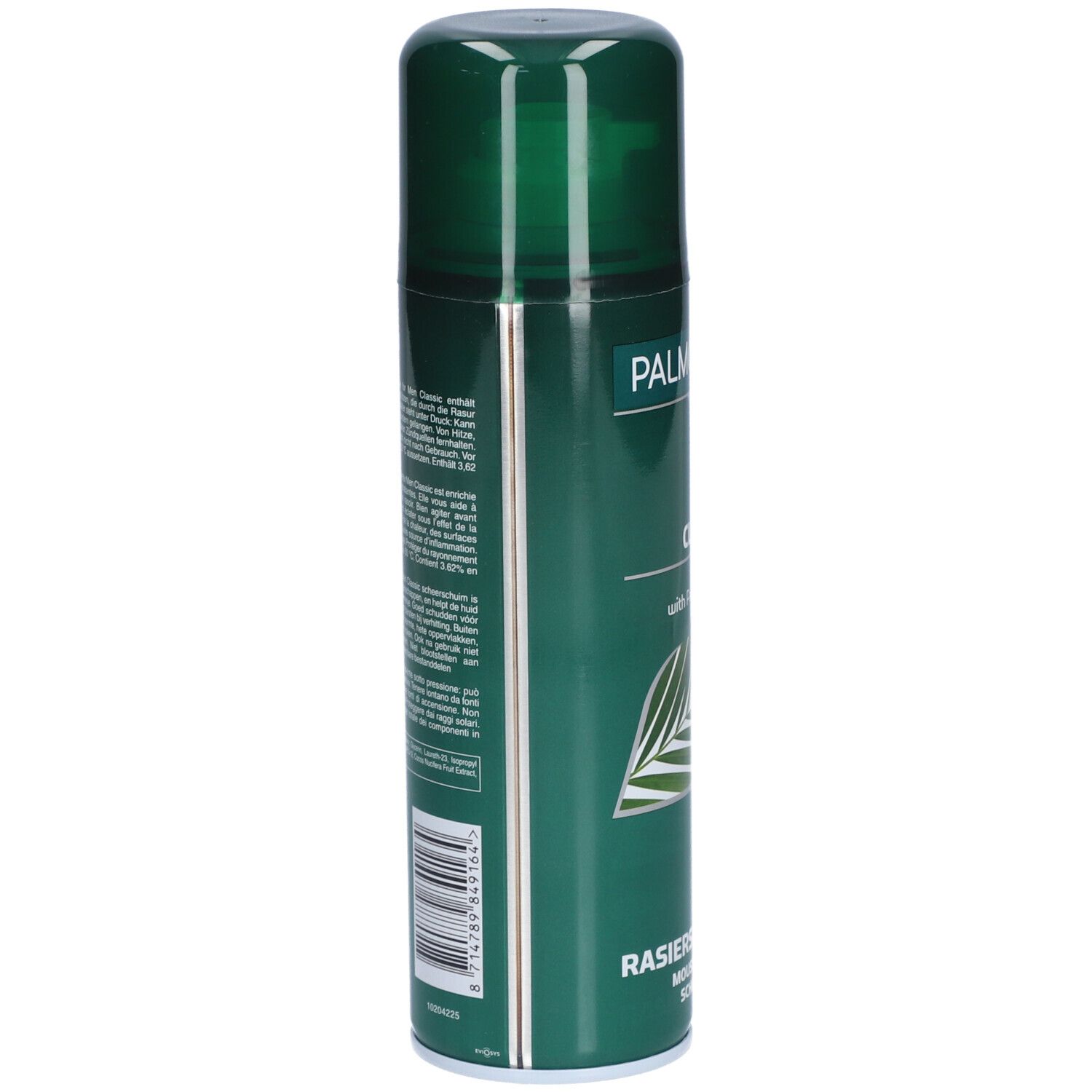 Grüne Dose Palmolive Men Classic Rasierschaum. Barcode und Text auf der Seite. Text: Rasierschaum, Mousse à raser, Scheerschuim.