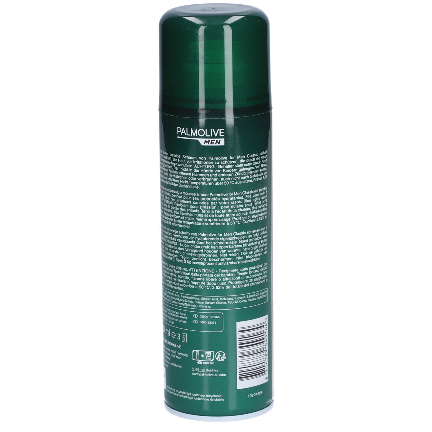 Grüne Dose Palmolive Men Classic Rasierschaum. Text auf der Rückseite. Text: Rasierschaum, Mousse à raser, Scheerschuim.
