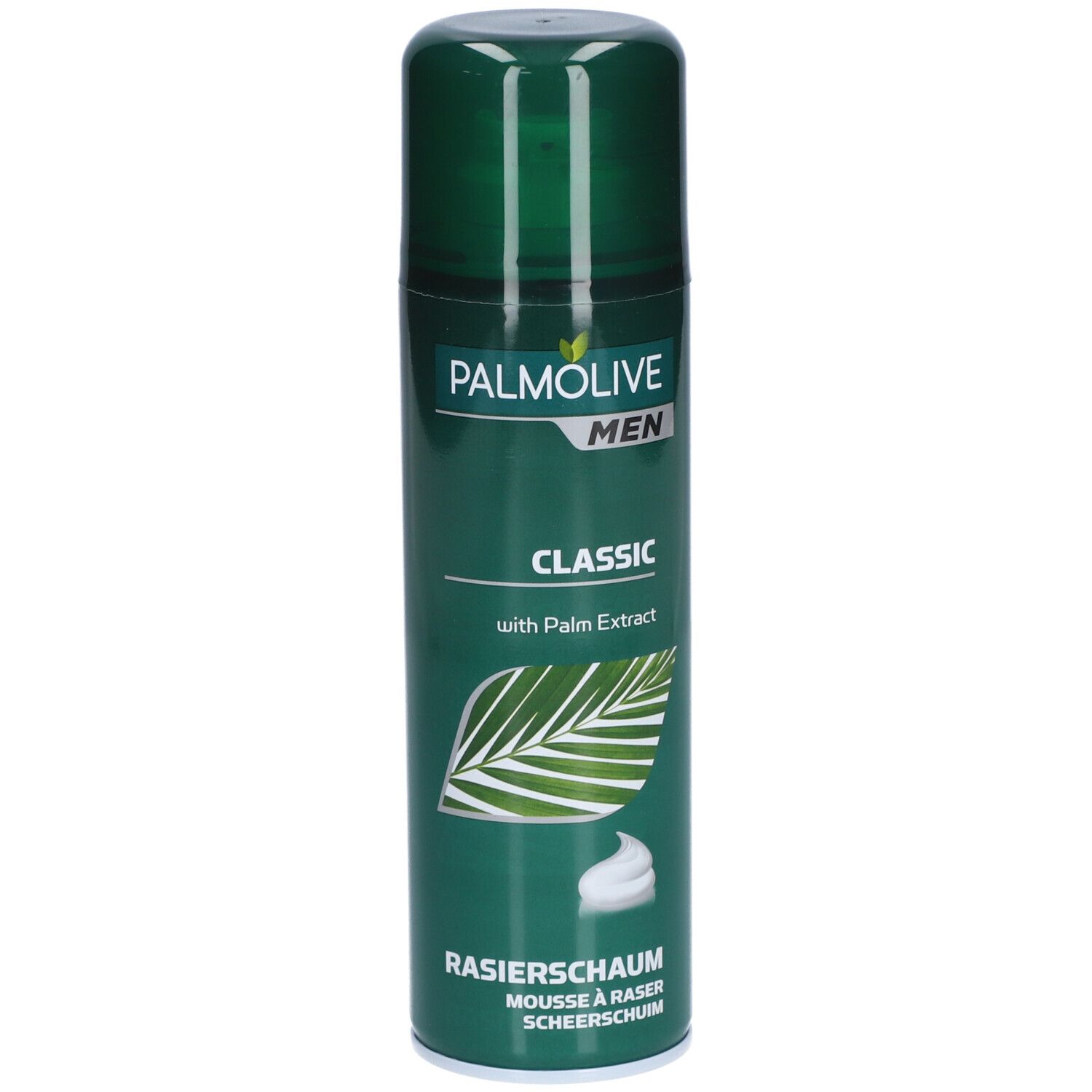 Grüne Dose Palmolive Men Classic Rasierschaum. Text: Classic, mit Palmextrakt, Rasierschaum, Mousse à raser, Scheerschuim.