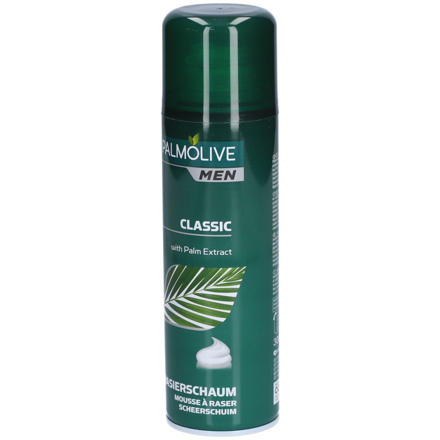 Grüne Dose Palmolive Men Classic Rasierschaum. Text: Classic, mit Palmextrakt, Rasierschaum, Mousse à raser, Scheerschuim.