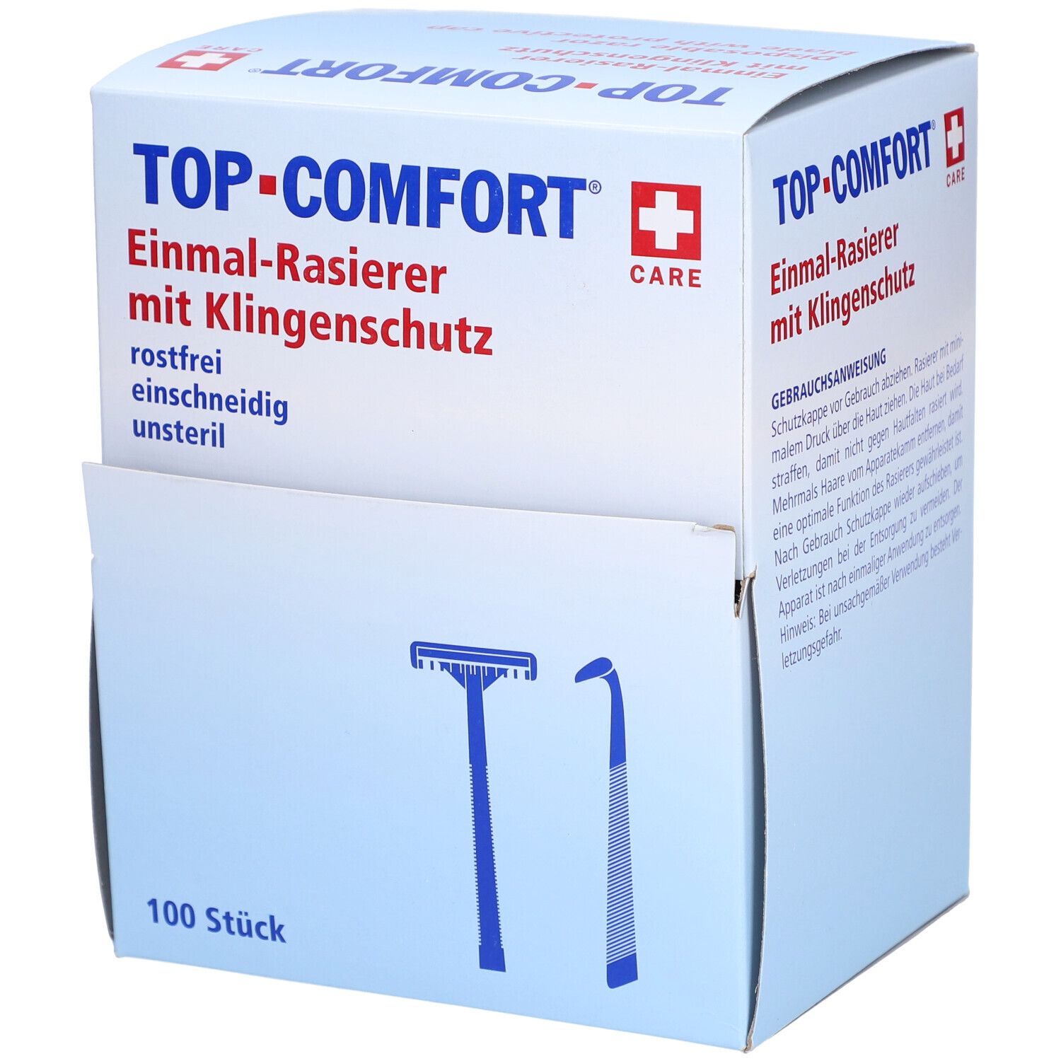 Packung mit Einmal-Rasierern. Blaue Rasierer-Illustrationen. Text: TOP-COMFORT, Einmal-Rasierer mit Klingenschutz, 100 Stück.