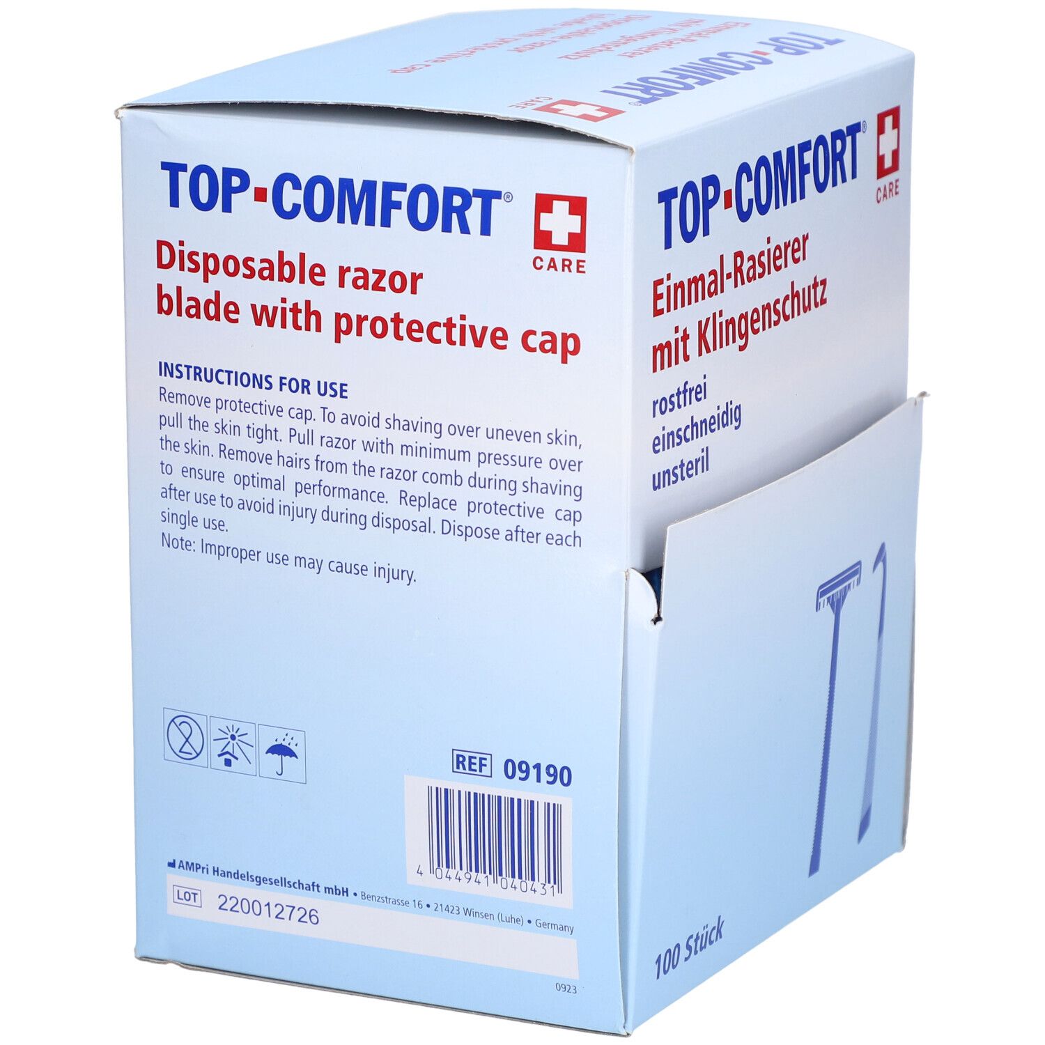 Verpackung mit Einmal-Rasierern. Text: TOP-COMFORT, Disposable razor blade with protective cap, 100 Stück. Anweisungen.