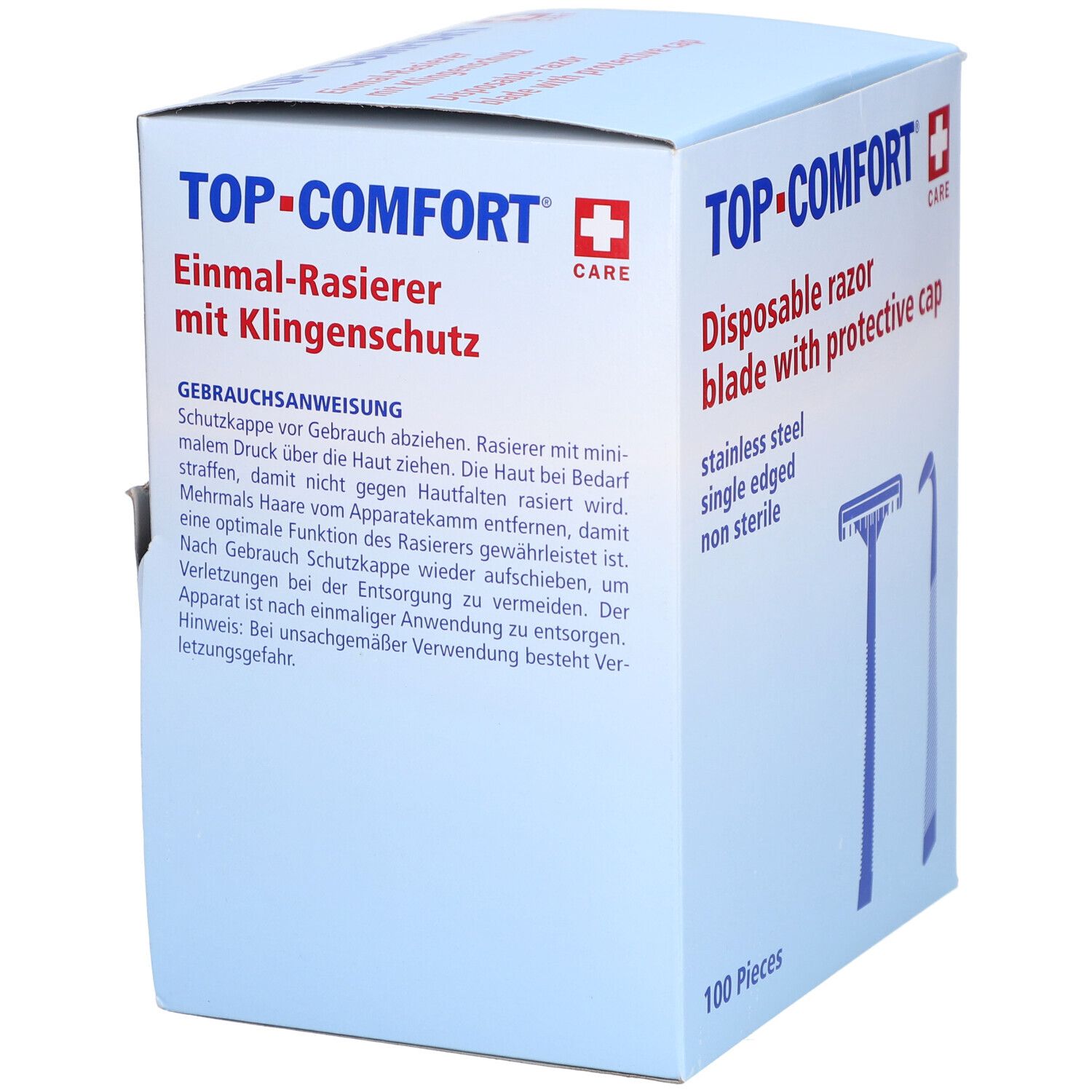 Packung mit Einmal-Rasierern. Text: TOP-COMFORT, Einmal-Rasierer mit Klingenschutz, 100 Pieces. Gebrauchsanweisung.