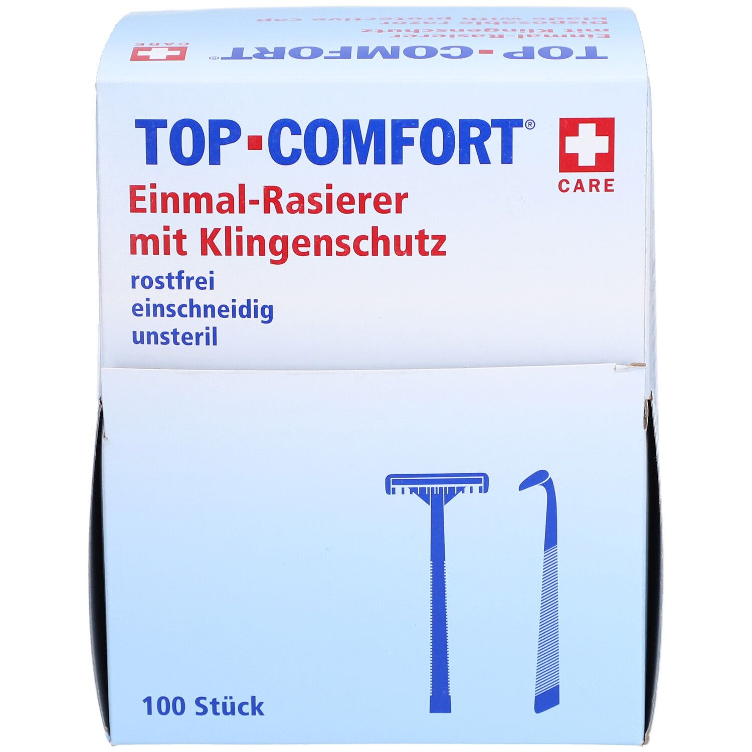 Packung mit Einmal-Rasierern. Text: TOP-COMFORT, Einmal-Rasierer mit Klingenschutz, 100 Stück. Blaue Rasierer-Illustrationen.