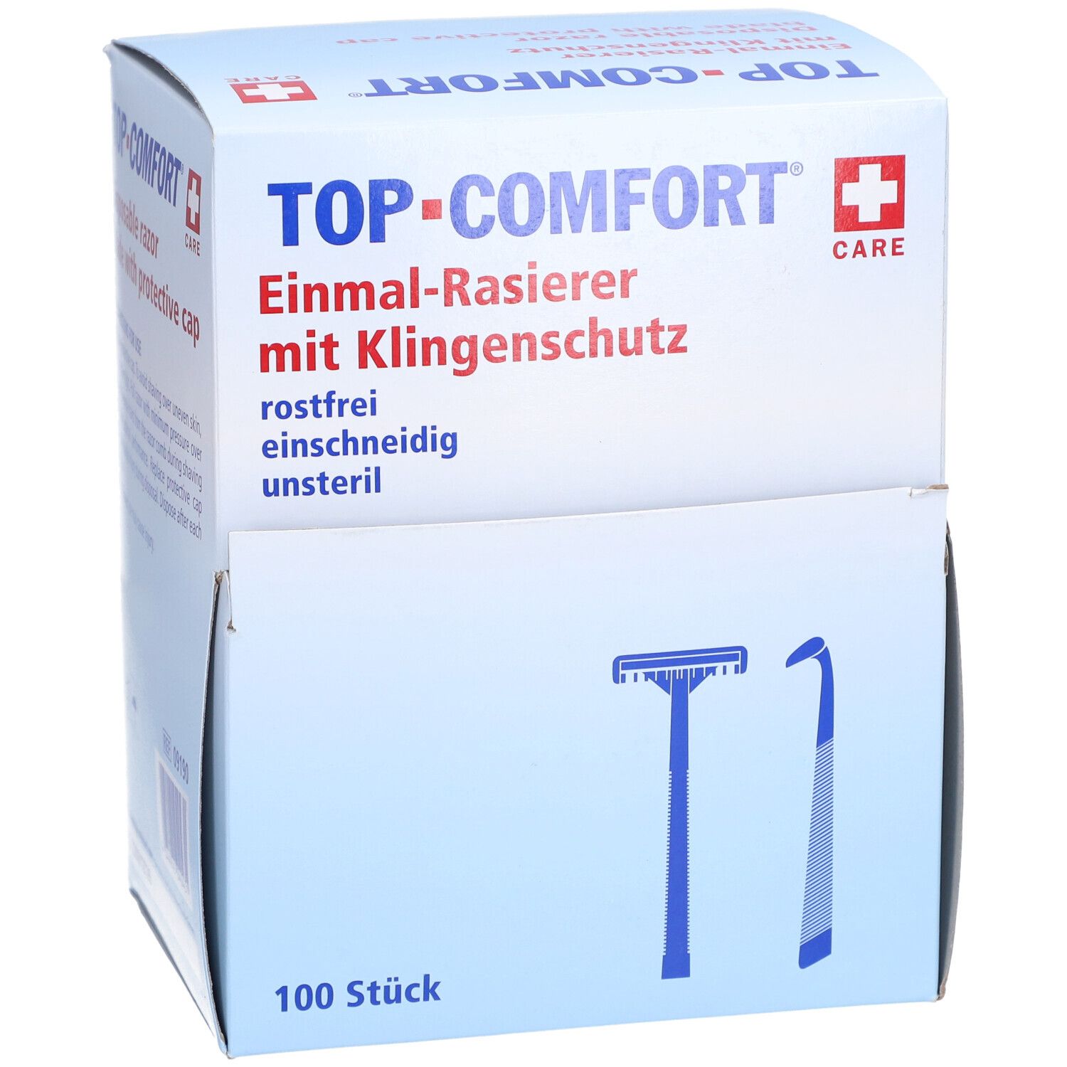 Packung mit Einmal-Rasierern. Text: TOP-COMFORT, Einmal-Rasierer mit Klingenschutz, 100 Stück. Blaue Rasierer-Illustrationen.