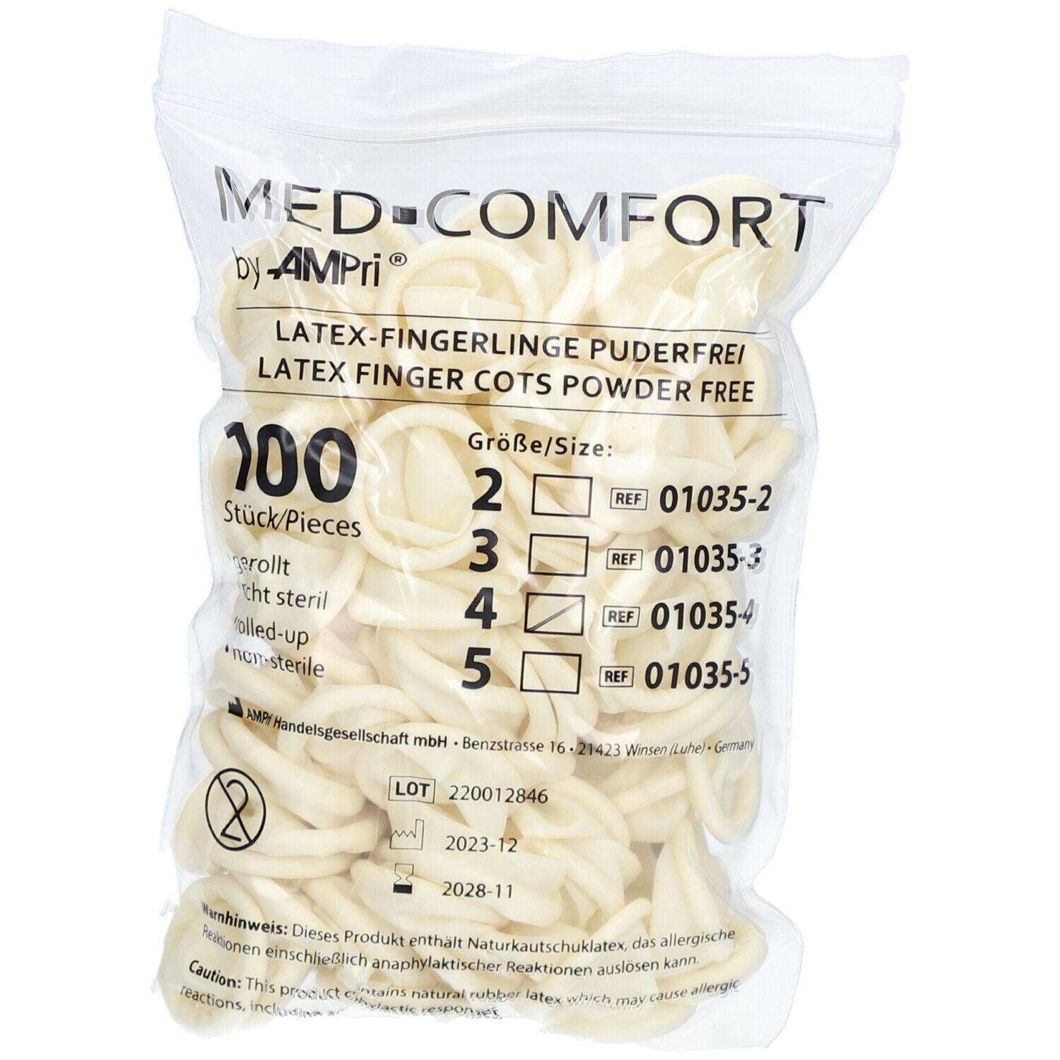 Verpackung mit Latex-Fingerlingen, puderfrei, gerollt. 100 Stück. Größe 4. Marke MED-COMFORT by AMPri.