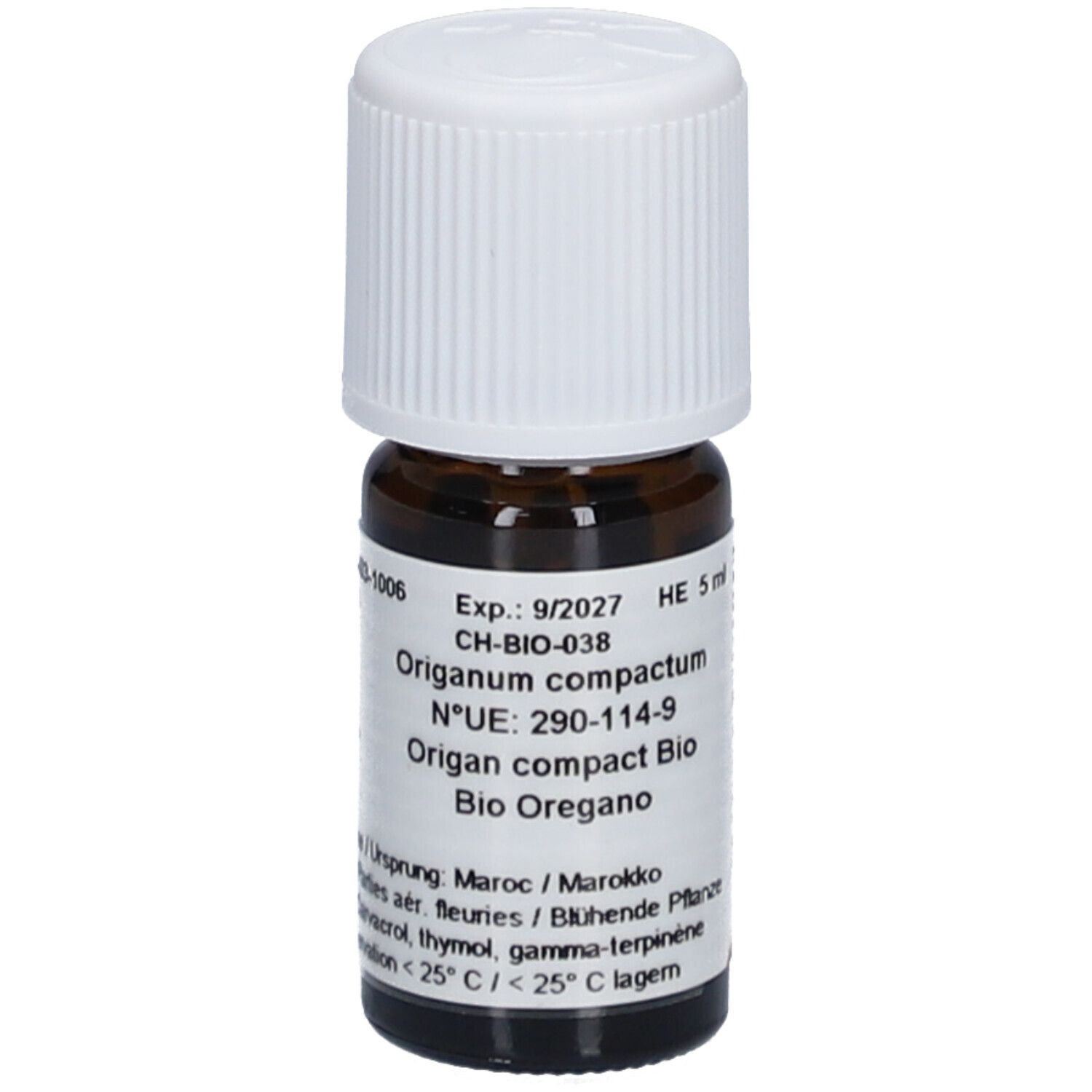 Braune Glasflasche mit weißem Deckel. Beschriftung: Origanum compactum Bio Oregano. Haltbarkeit bis 9/2027.