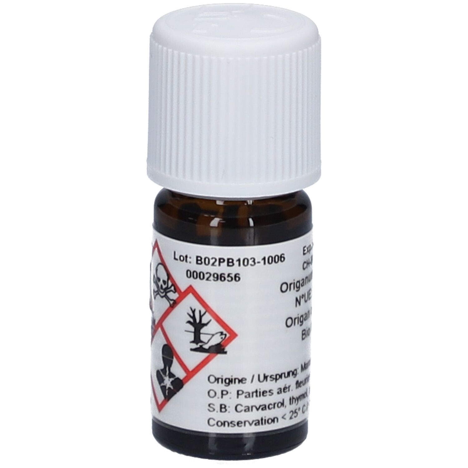 Braune Glasflasche mit weißem Deckel. Gefahrensymbole: Totenkopf, ätzend, Gesundheitsgefahr. Beschriftung: Origanum compactum Bio Oregano.