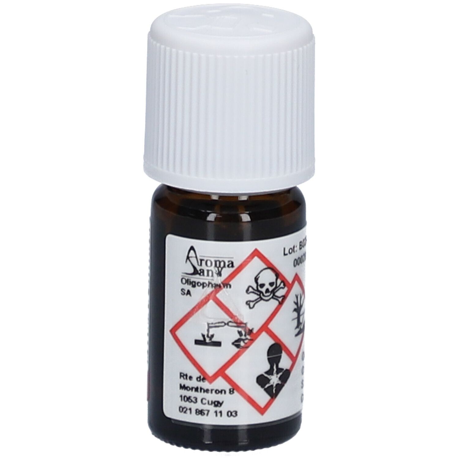 Braune Glasflasche mit weißem Deckel. Gefahrensymbole: Totenkopf, ätzend, Gesundheitsgefahr. Beschriftung: AromaSan, Oligopharm SA.