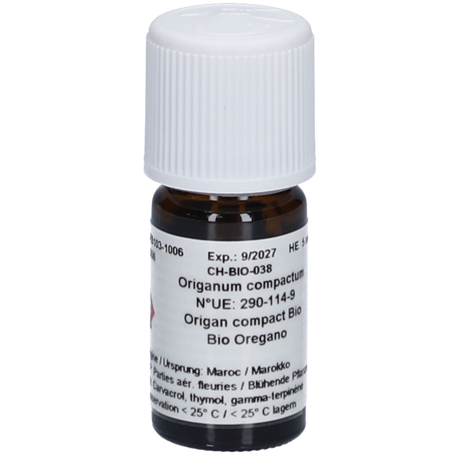 Braune Glasflasche mit weißem Deckel. Beschriftung: Origanum compactum Bio Oregano. Haltbarkeit bis 9/2027. Gefahrensymbol: Reizend.