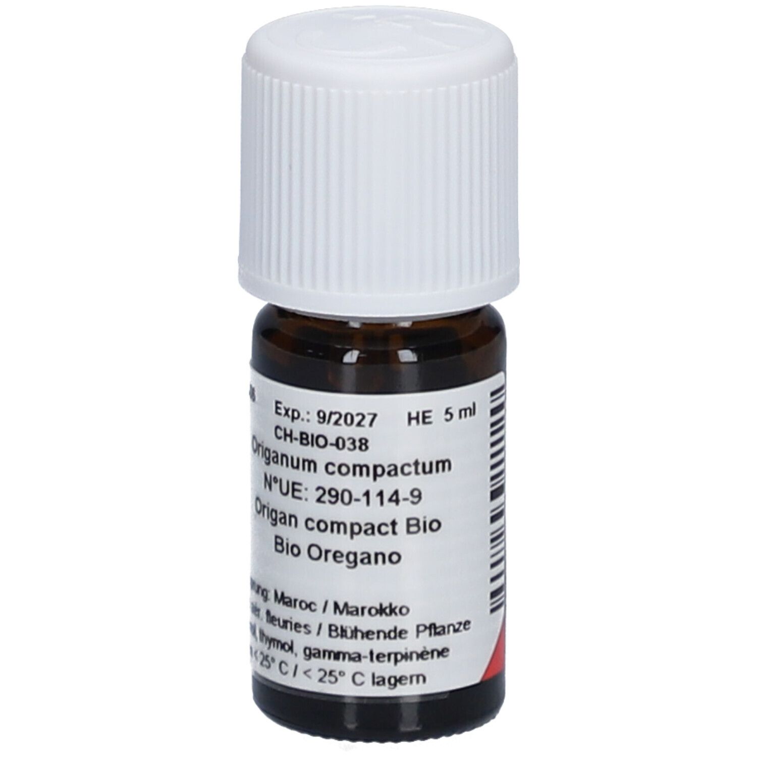 Braune Glasflasche mit weißem Deckel. Beschriftung: Origanum compactum Bio Oregano. Haltbarkeit bis 9/2027. Volumen: 5 ml.