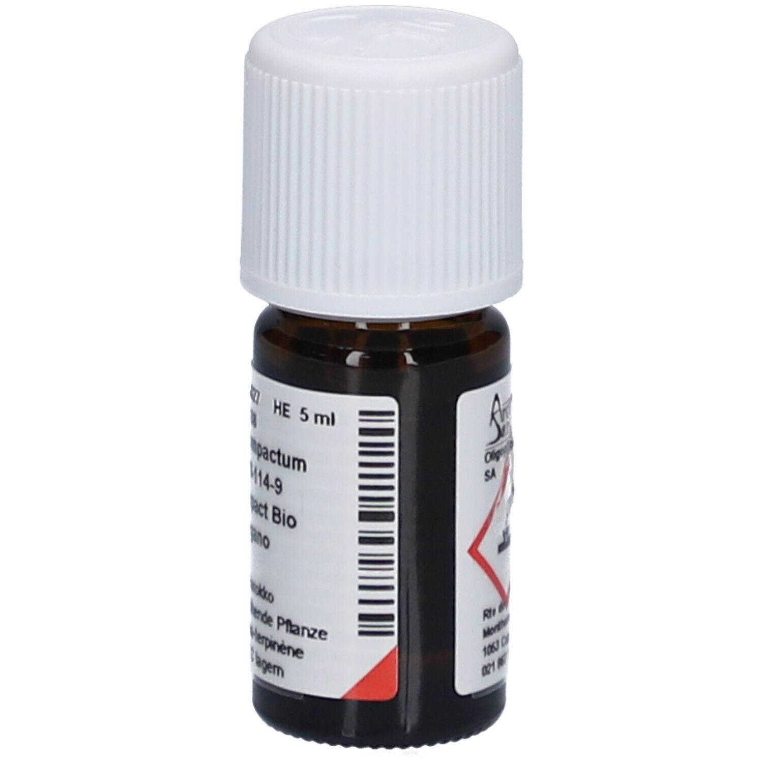 Braune Glasflasche mit weißem Deckel. Beschriftung: AromaSan, Oligopharm SA. Barcode und Gefahrensymbol: Reizend.
