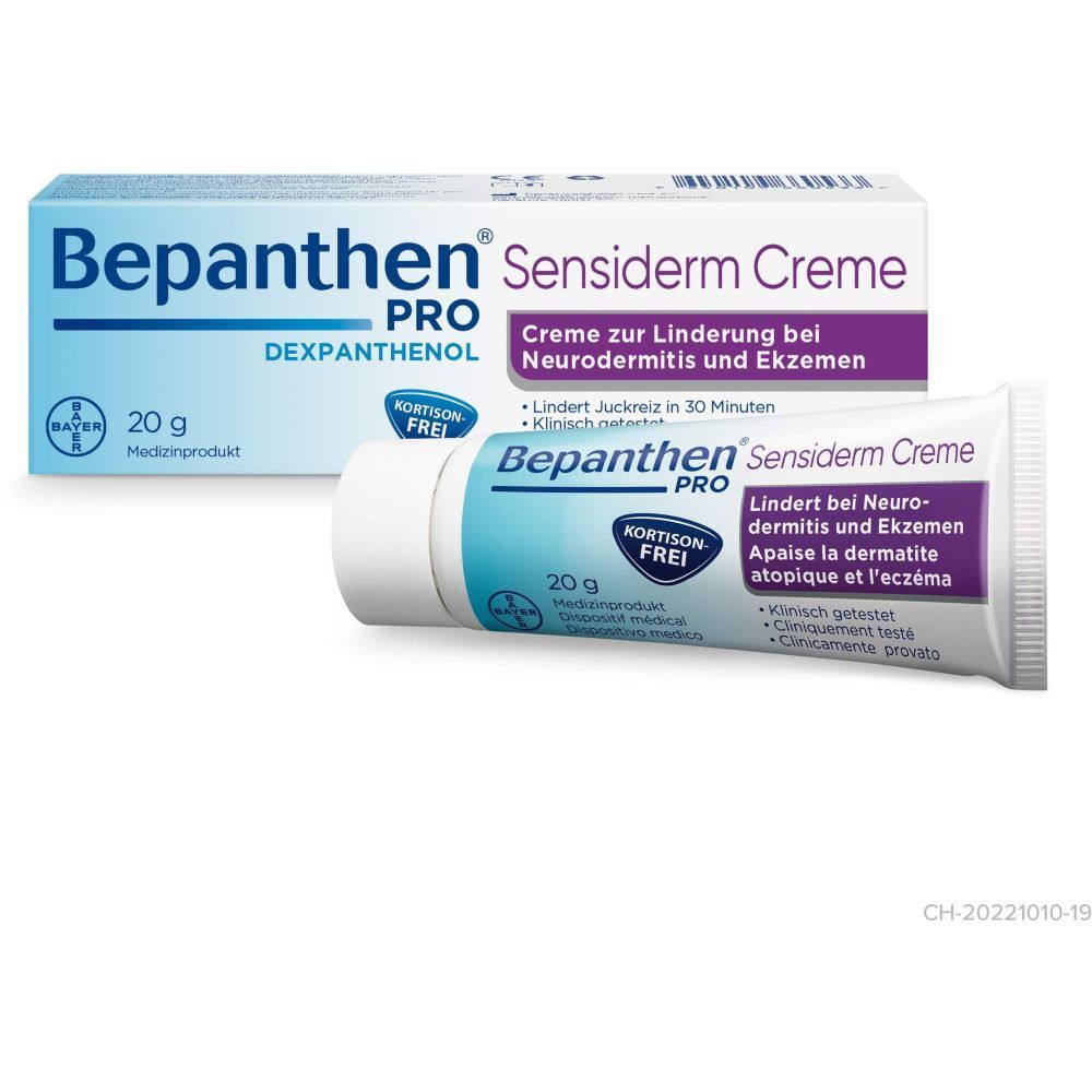 Creme und Faltschachtel. Bepanthen PRO Sensiderm Creme. 20g. Ohne Kortison. Medizinprodukt.