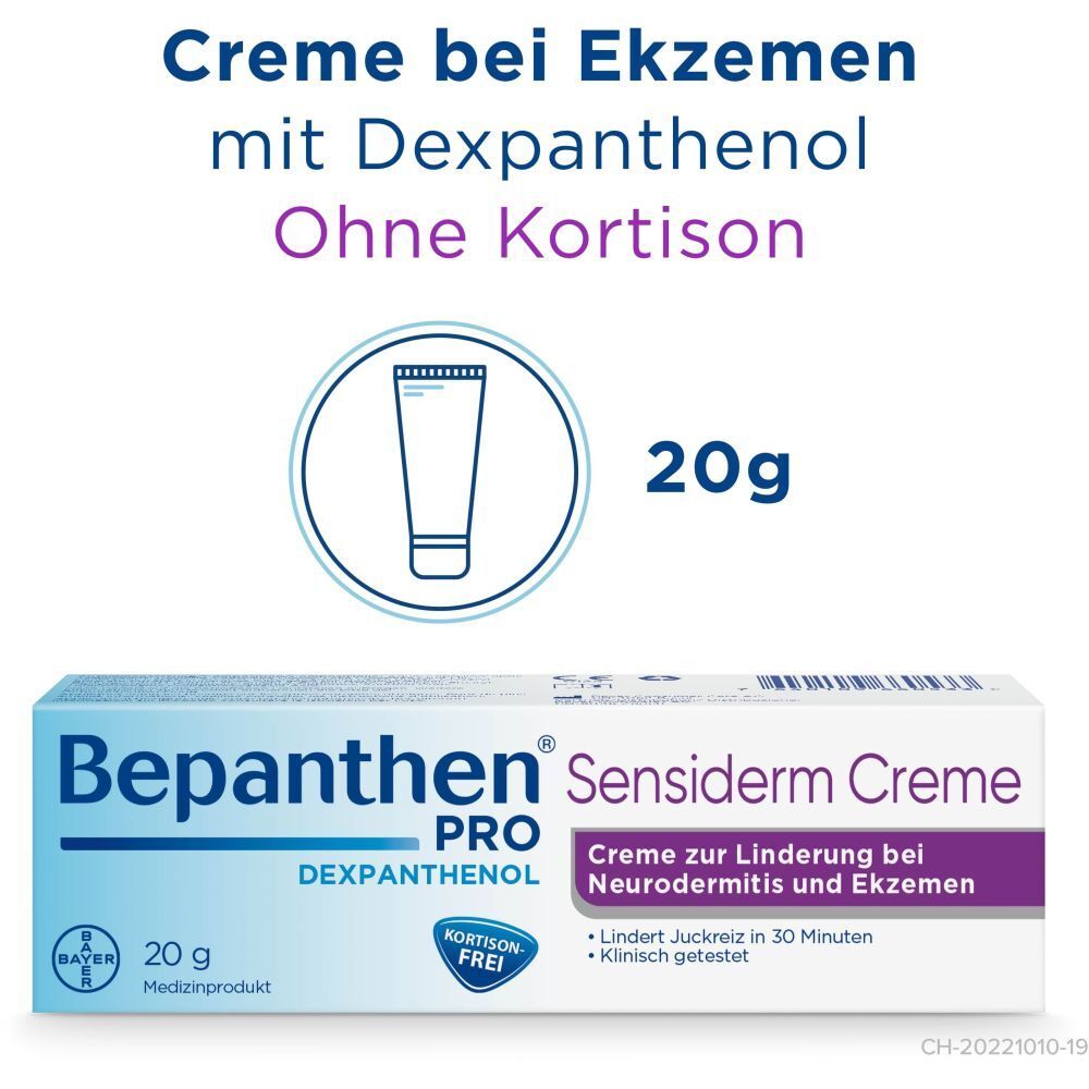 Produktabbildung mit Text: Creme bei Ekzemen mit Dexpanthenol. Ohne Kortison. 20g. Bepanthen PRO Sensiderm.