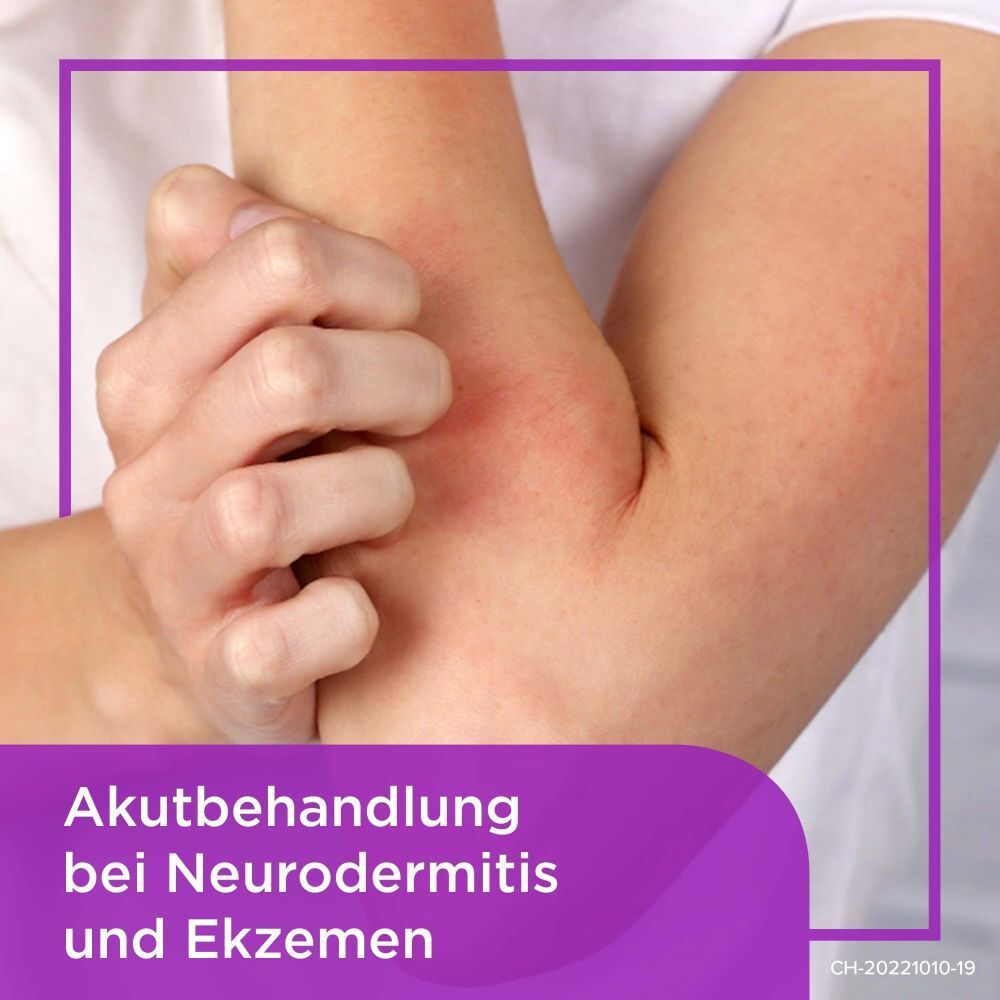 Person hält Arm mit Hautausschlag. Text: Akutbehandlung bei Neurodermitis und Ekzemen.