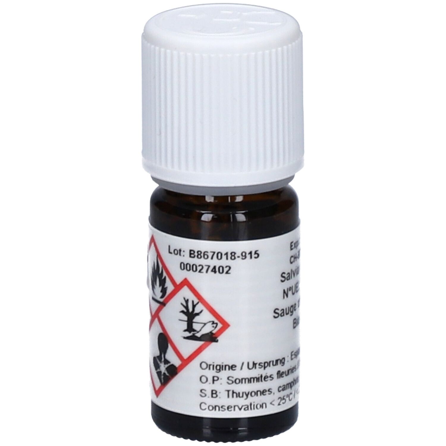 Flacon en verre brun avec bouchon blanc. Étiquette avec symboles de danger. Texte: Salvia officinalis, Bio Salbei. Origine: Espagne.