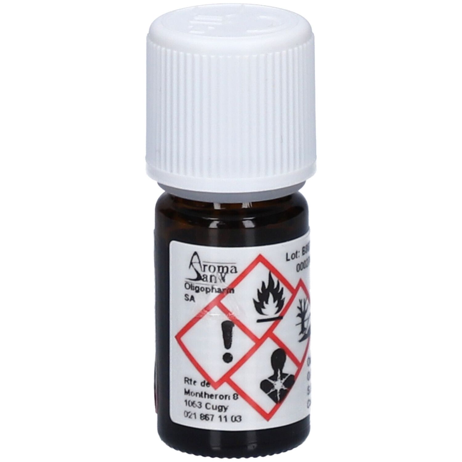 Flacon en verre brun avec bouchon blanc. Étiquette avec logo et symboles de danger. Texte: AromaSan, Oligopharm SA. Adresse.