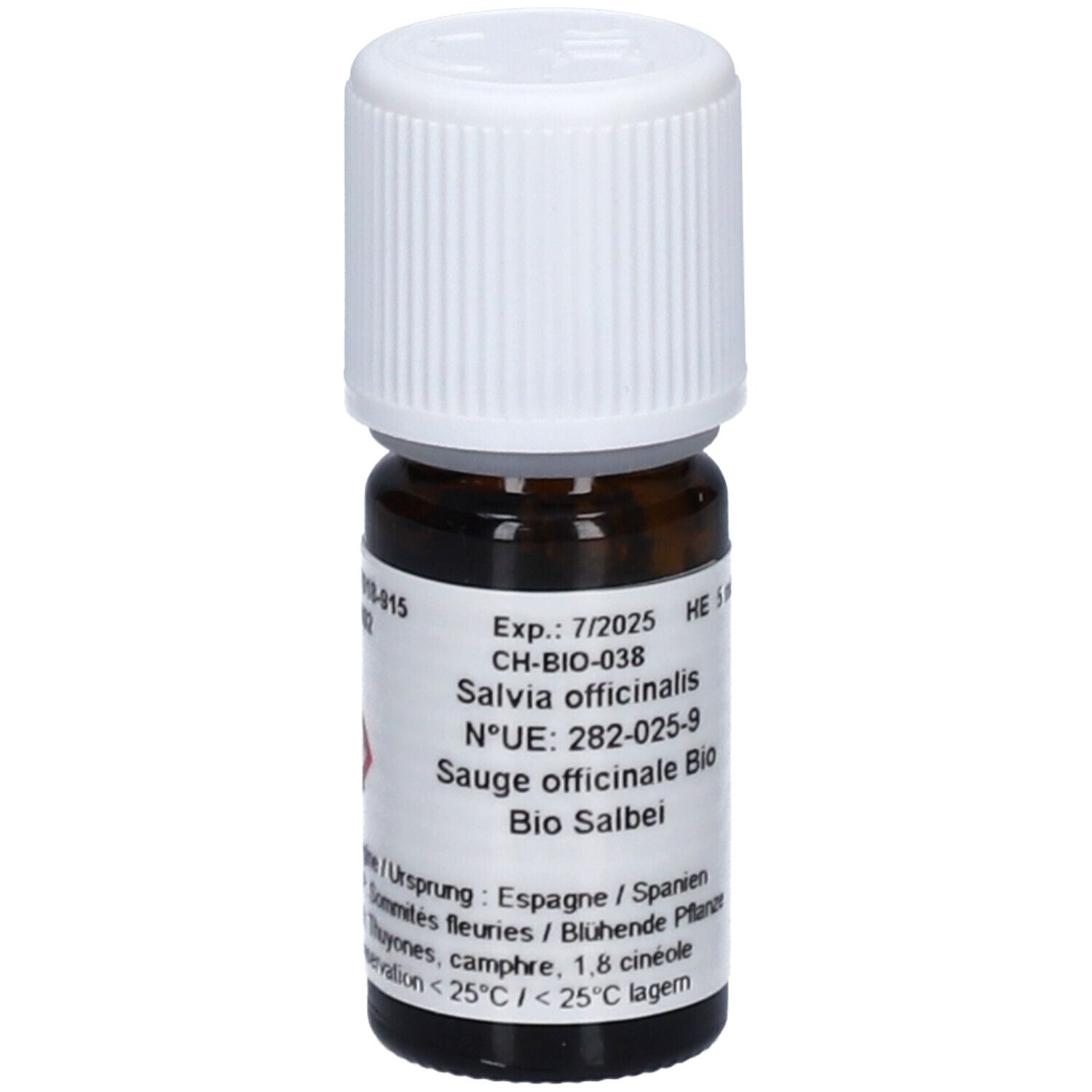 Flacon en verre brun avec bouchon blanc. Étiquette avec texte: Salvia officinalis, Bio Salbei. Durabilité 7/2025. Origine: Espagne.