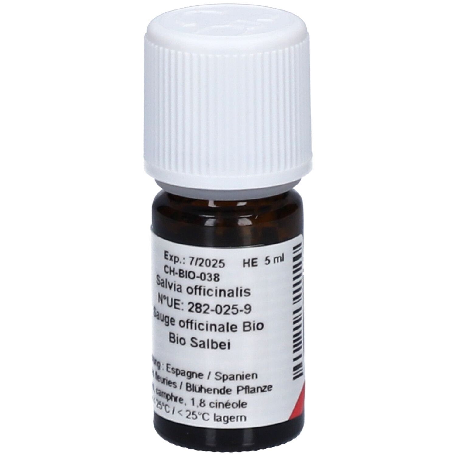 Flacon en verre brun avec bouchon blanc. Étiquette avec texte: Salvia officinalis, Bio Salbei. Durabilité 7/2025. HE 5 ml.