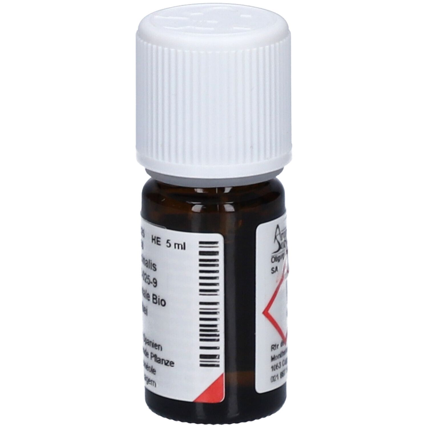 Flacon en verre brun avec bouchon blanc. Étiquette avec texte: Salvia officinalis, Bio Salbei. HE 5 ml. Logo.