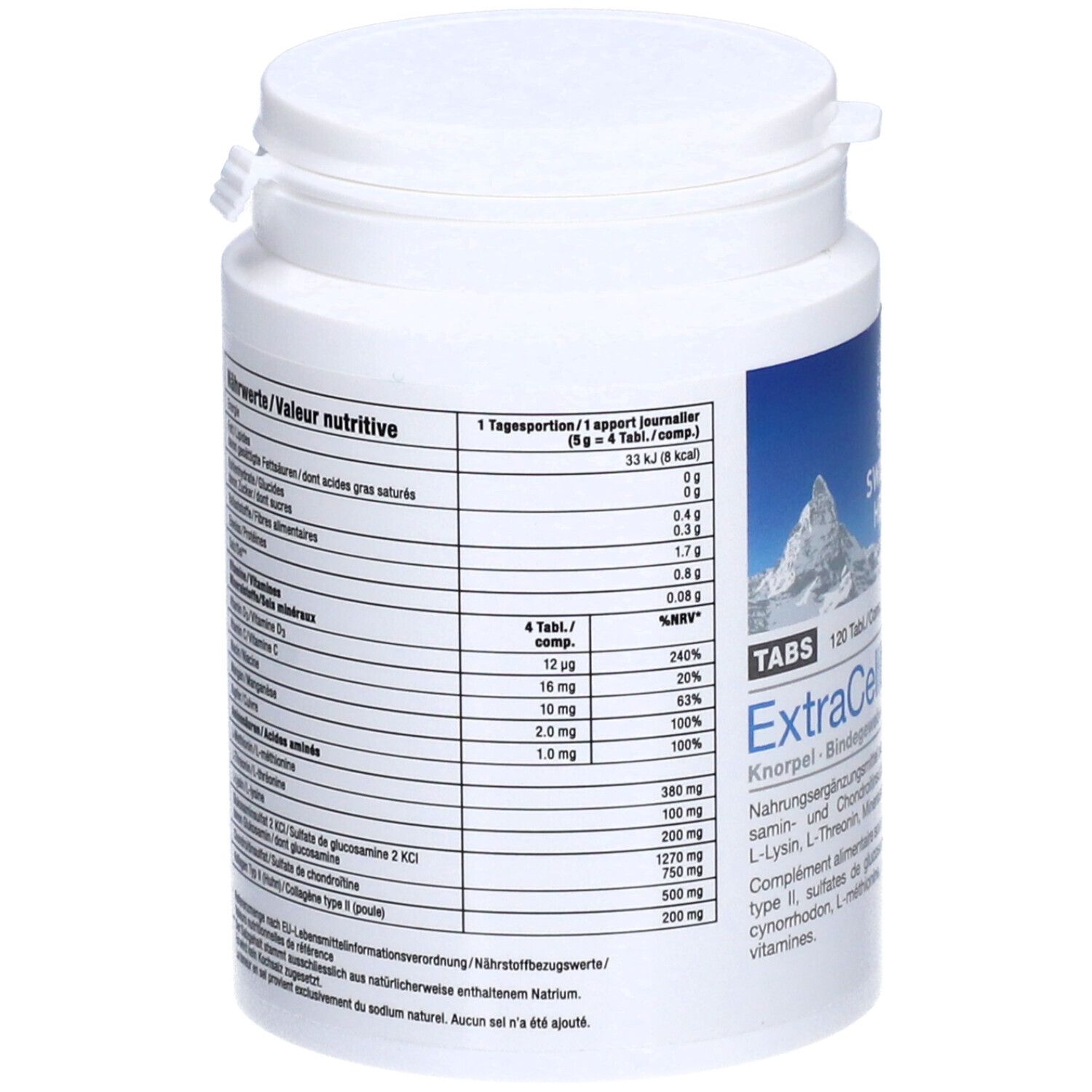 Rückseite der weißen Dose mit Nährwertangaben. Enthält Vitamine und Mineralstoffe. 120 Tabletten.
