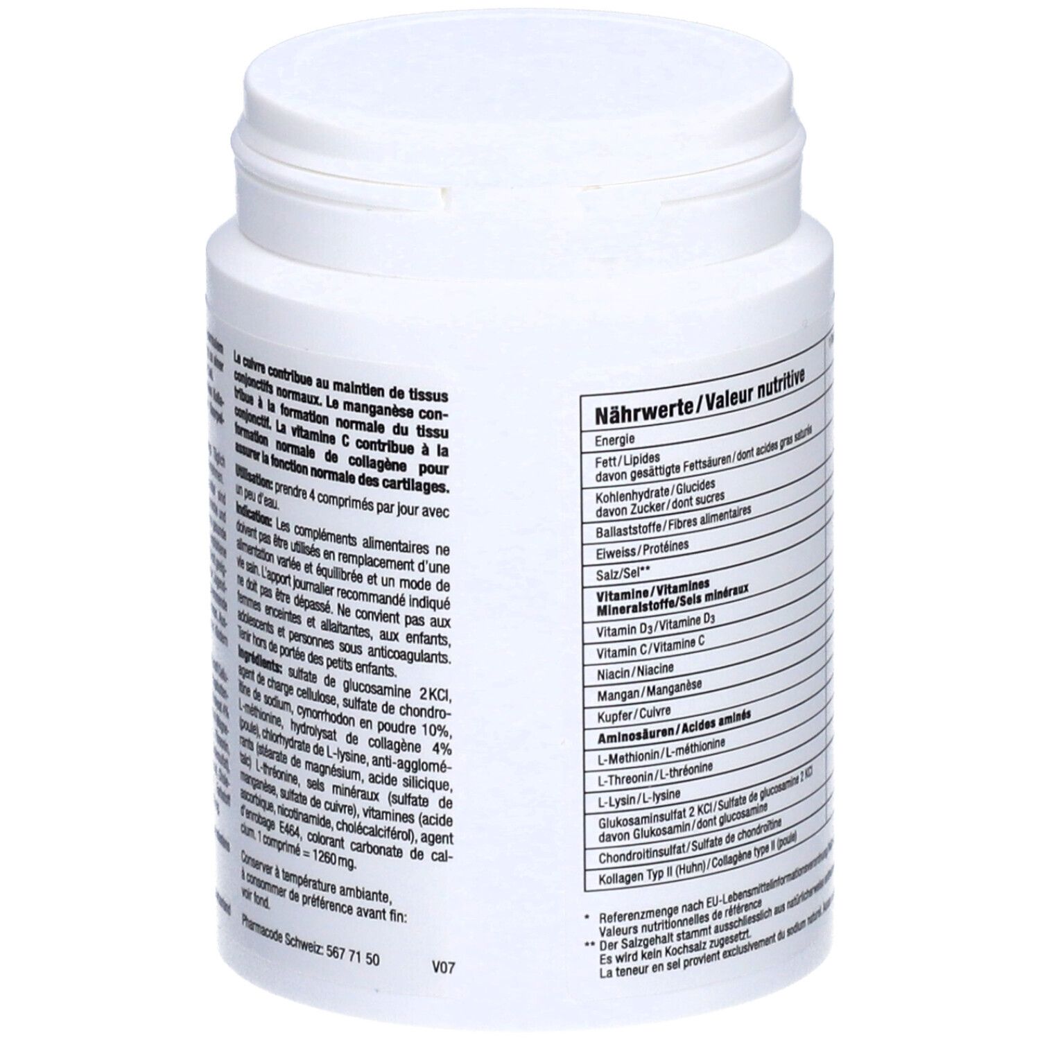 Rückseite der weißen Dose mit Inhaltsstoffen und Anwendungshinweisen. 120 Tabletten.