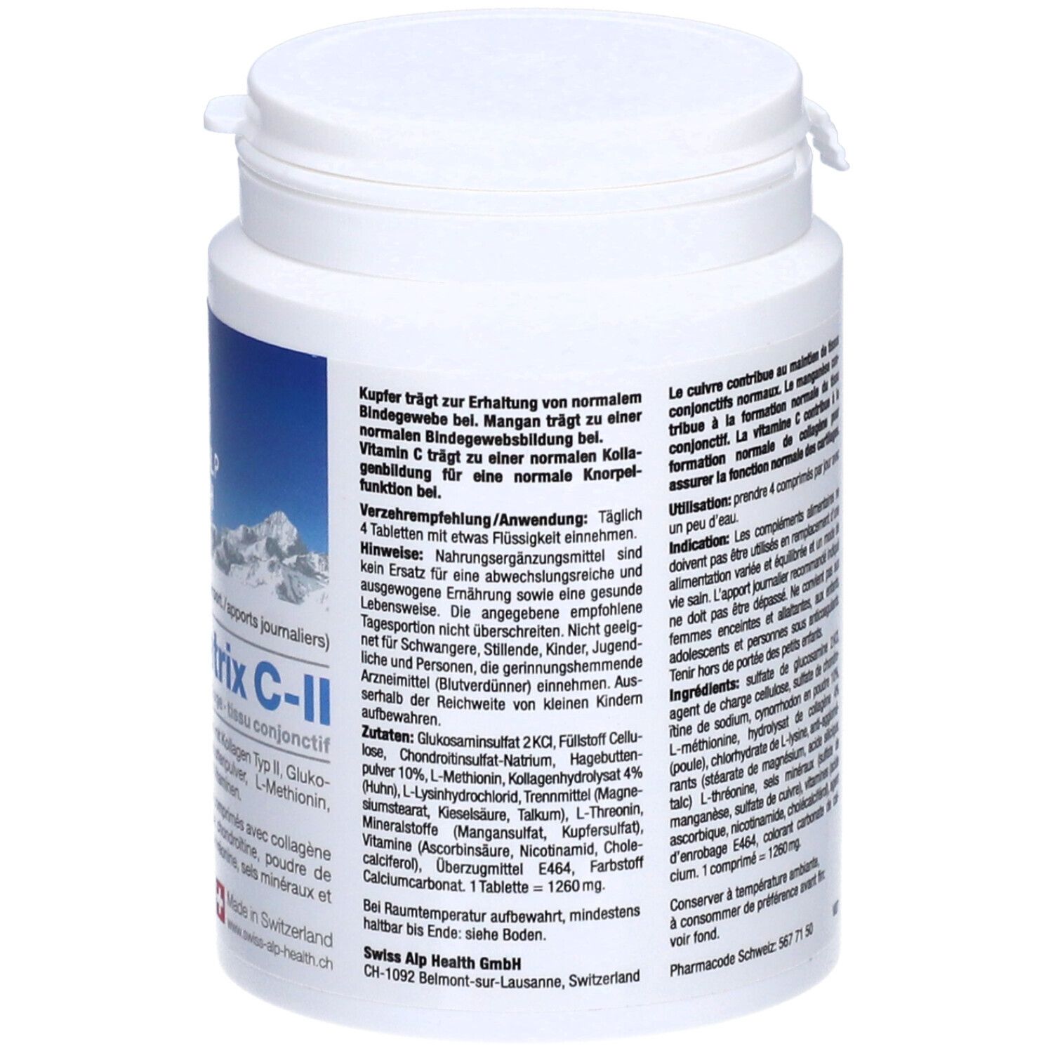 Rückseite der weißen Dose mit Inhaltsstoffen und Anwendungshinweisen. 120 Tabletten.