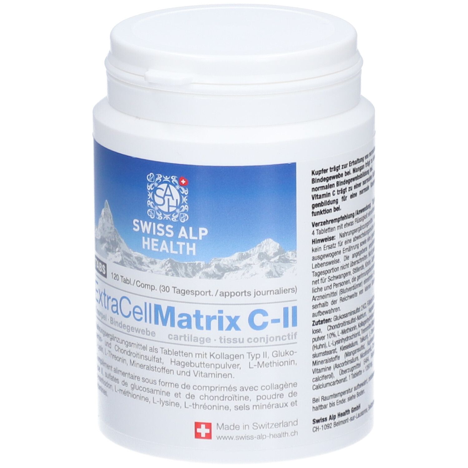Weiße Dose mit blauem Etikett. Aufschrift: Swiss Alp Health, ExtraCellMatrix C-II. 120 Tabletten.