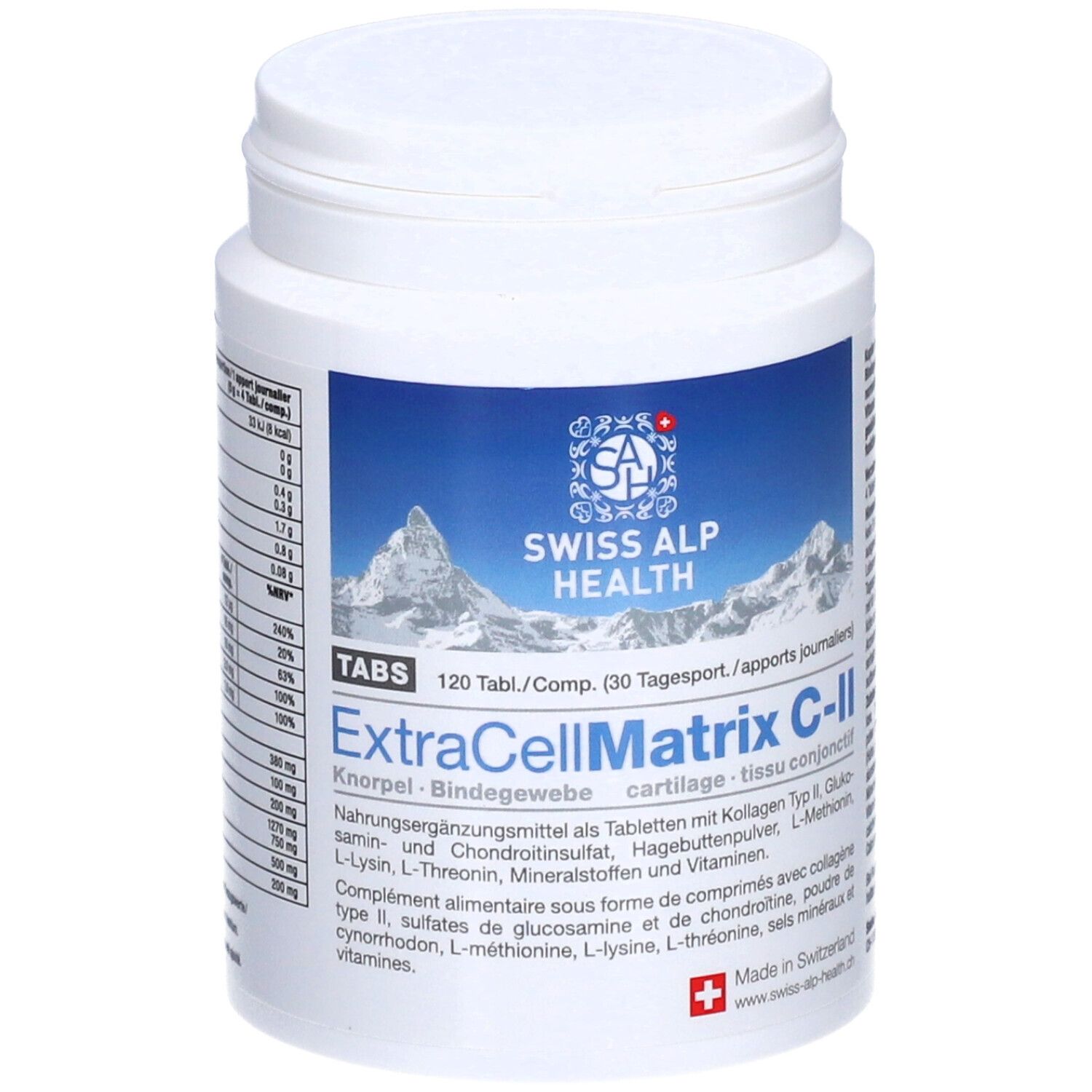 Weiße Dose mit blauem Etikett. Aufschrift: Swiss Alp Health, ExtraCellMatrix C-II. 120 Tabletten.