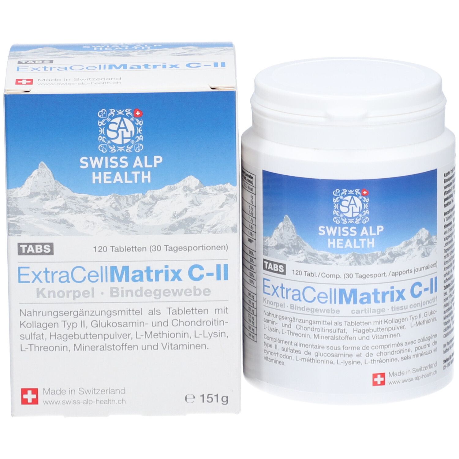Produktverpackung mit Dose und Schachtel. Aufschrift: Swiss Alp Health, ExtraCellMatrix C-II. 120 Tabletten.
