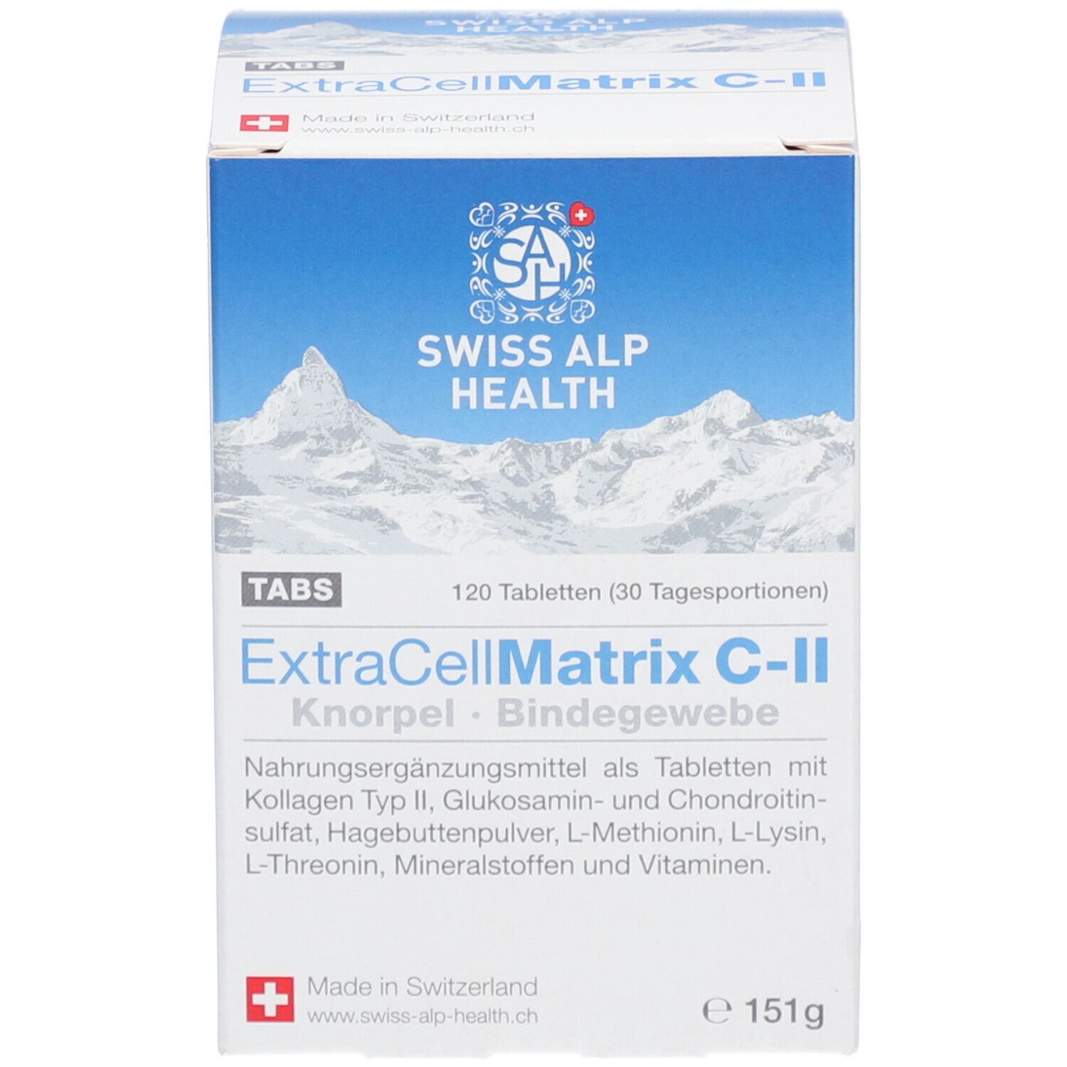 Produktverpackung, Schachtel. Aufschrift: Swiss Alp Health, ExtraCellMatrix C-II. 120 Tabletten.