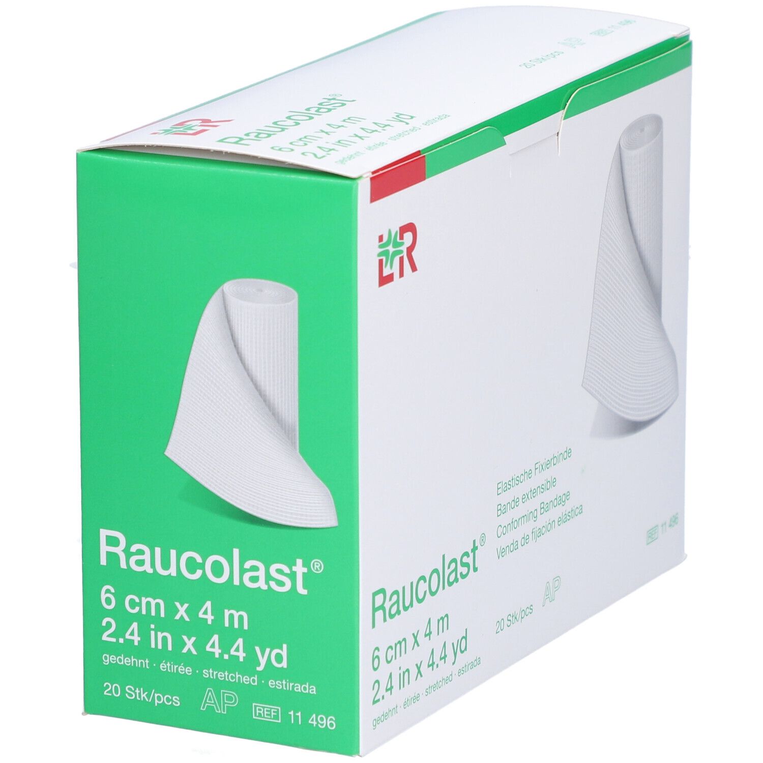 Verpackung mit weißer, elastischer Fixierbinde. Aufdruck: 6 cm x 4 m, 20 Stück/Packung.