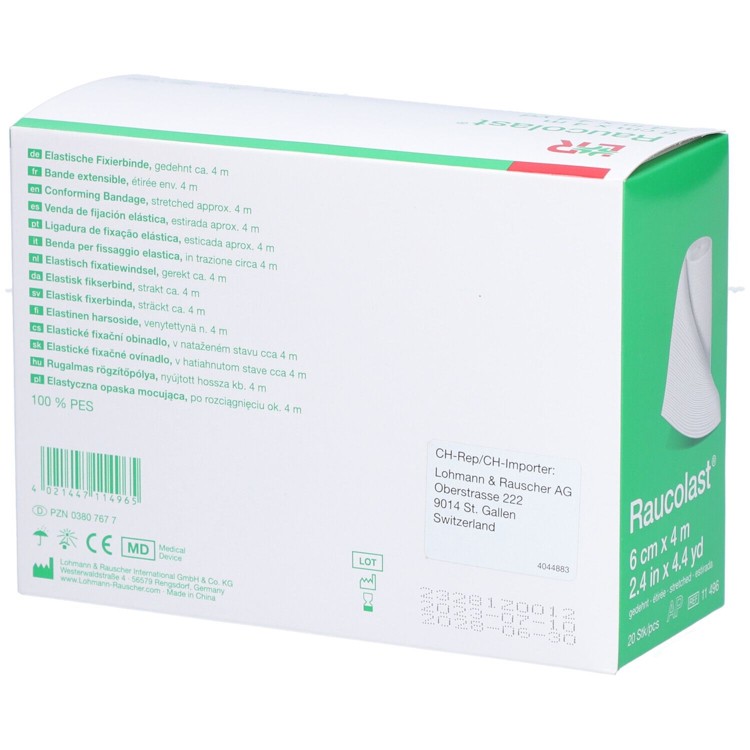 Rückseite der Verpackung mit Produktinformationen und Herstelleradresse.