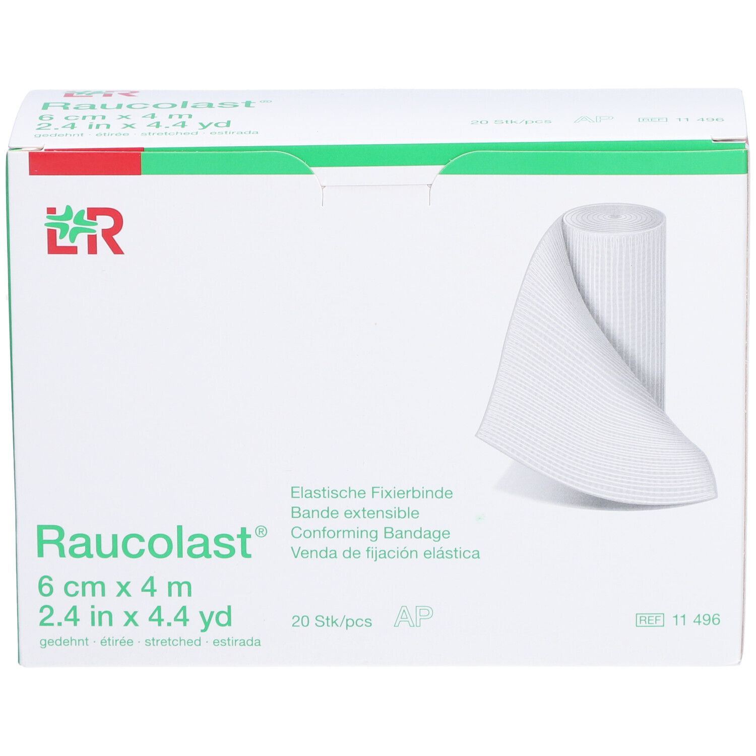 Verpackung mit weißer, elastischer Fixierbinde. Aufdruck: 6 cm x 4 m, 20 Stück/Packung.