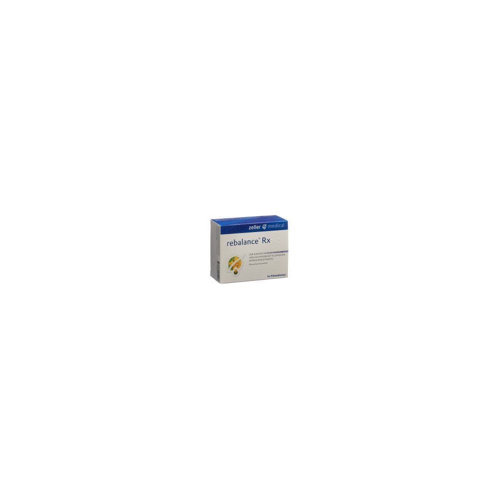 Karton mit der Aufschrift "rebalance Rx". Blaue und weiße Verpackung. Text und Logo auf der Vorderseite.