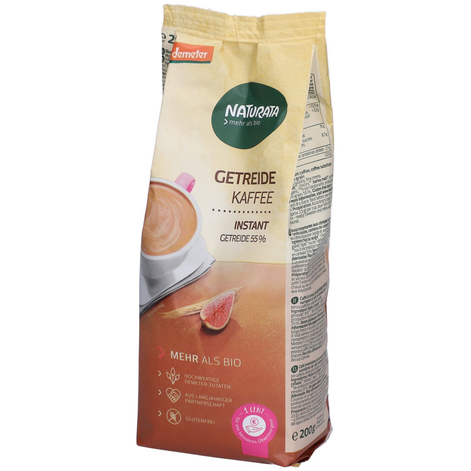 Beutel mit Naturata Getreidekaffee. Aufdrucke: Getreide Kaffee, Instant, Demeter-Logo, Bio-Siegel. Abbildung von Kaffeegetränk.