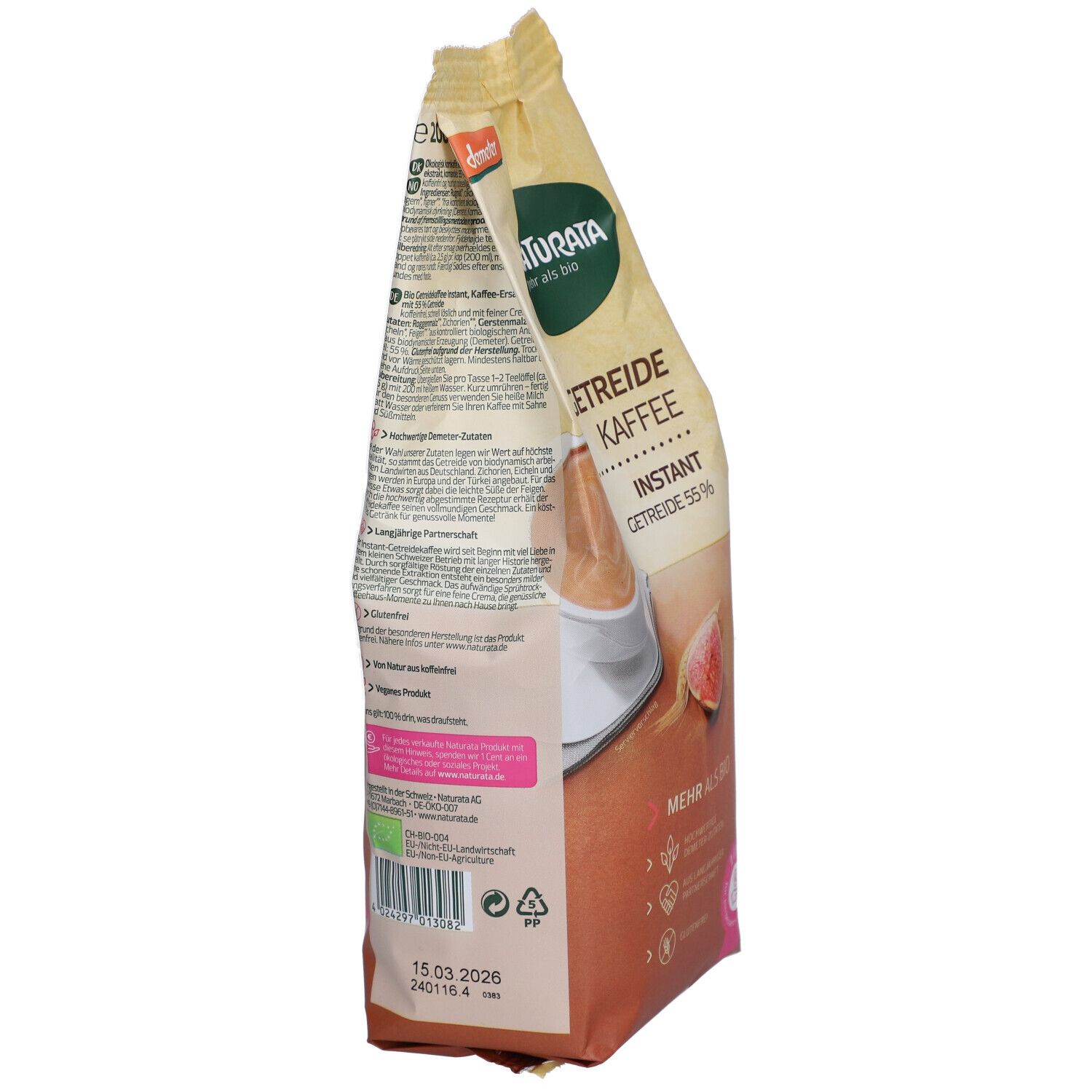 Seitenansicht des Naturata Getreidekaffee-Beutels. Text und Logos sind sichtbar. Enthält Informationen über das Produkt und Zertifizierungen.