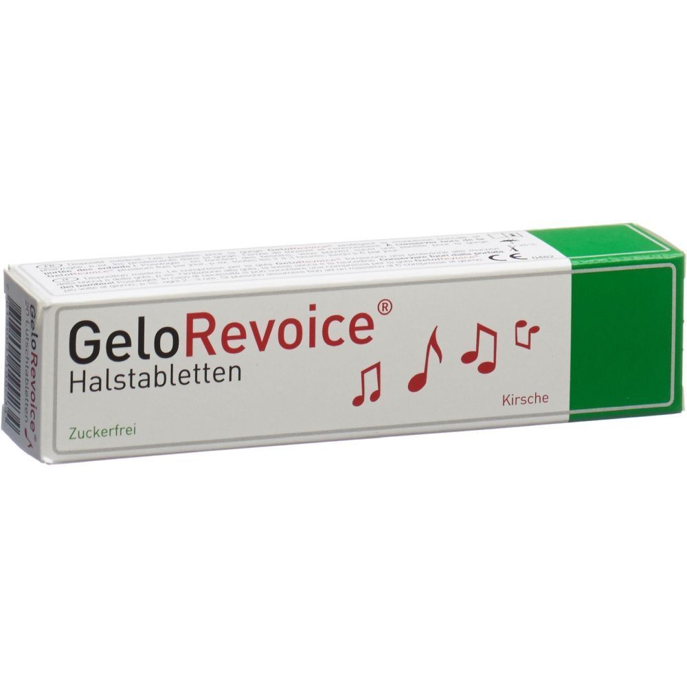Schachtel mit Halstabletten. Aufschrift: GeloRevoice Halstabletten, zuckerfrei, Kirsche. Grün-weiße Verpackung.