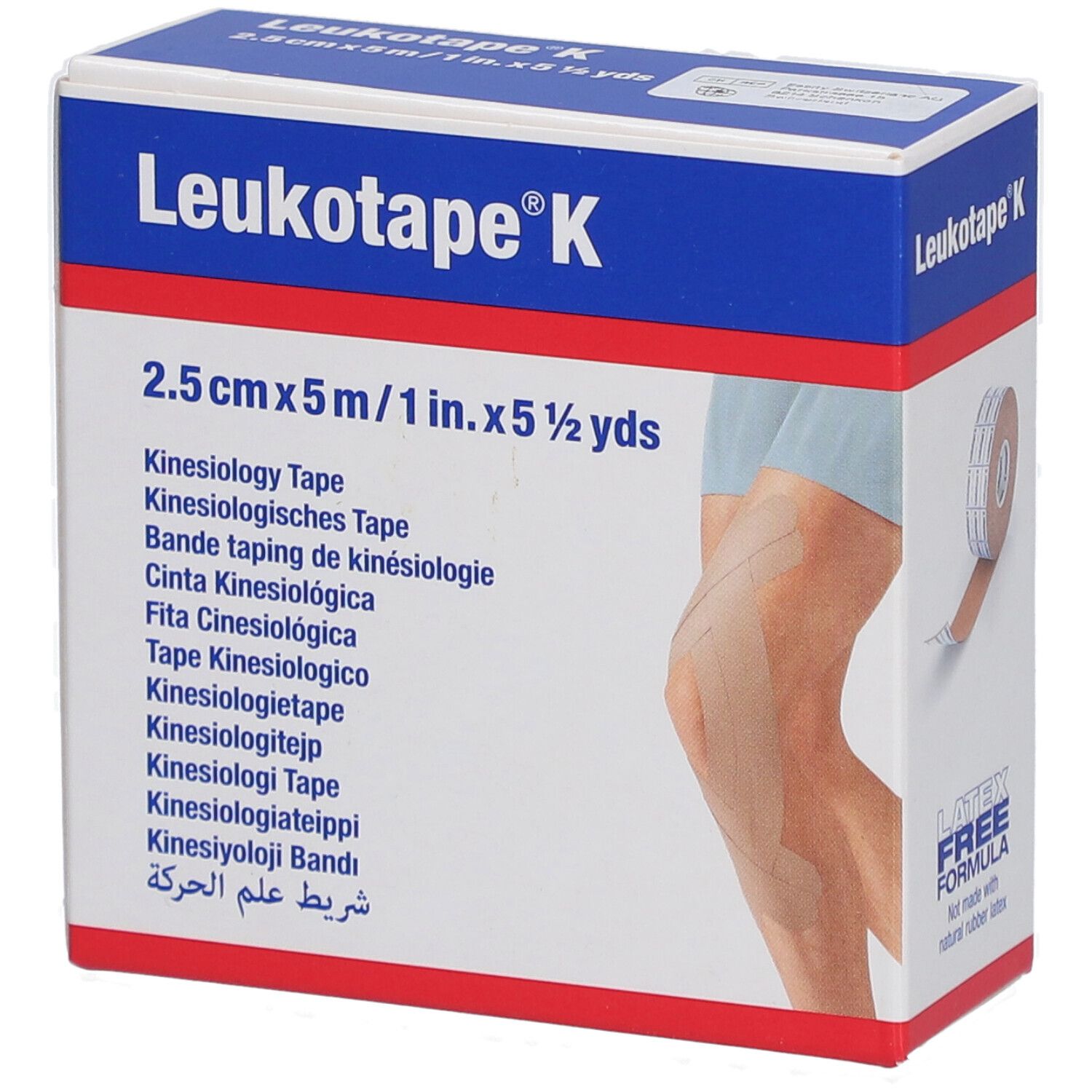 Kinesiologie-Tape-Box. Aufschrift: Leukotape K, 2,5 cm x 5 m. Gezeigt wird ein Bein mit Tape.