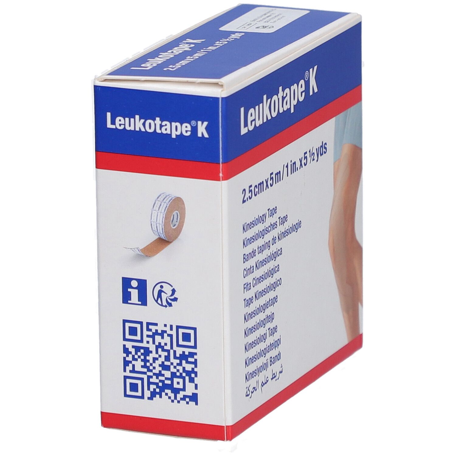 Kinesiologie-Tape-Box. Aufschrift: Leukotape K, 2,5 cm x 5 m. Rolle Tape sichtbar. QR-Code und Piktogramme.