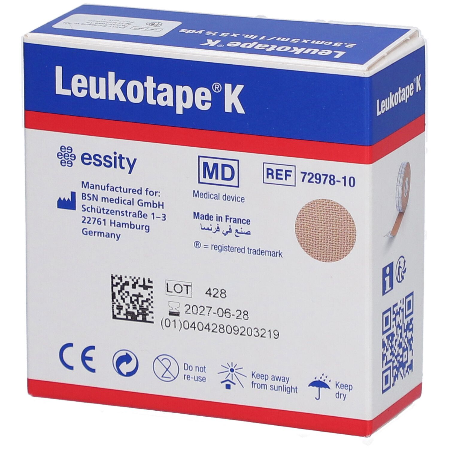 Kinesiologie-Tape-Box. Aufschrift: Leukotape K. Herstellerinformationen. Medizinprodukt. Chargennummer und Haltbarkeitsdatum.