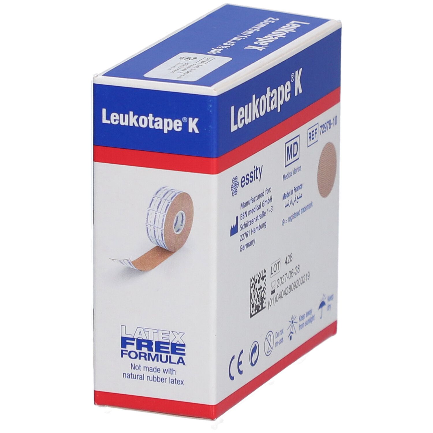 Kinesiologie-Tape-Box. Aufschrift: Leukotape K. Herstellerinformationen. Medizinprodukt. Latex-frei. CE-Kennzeichnung.