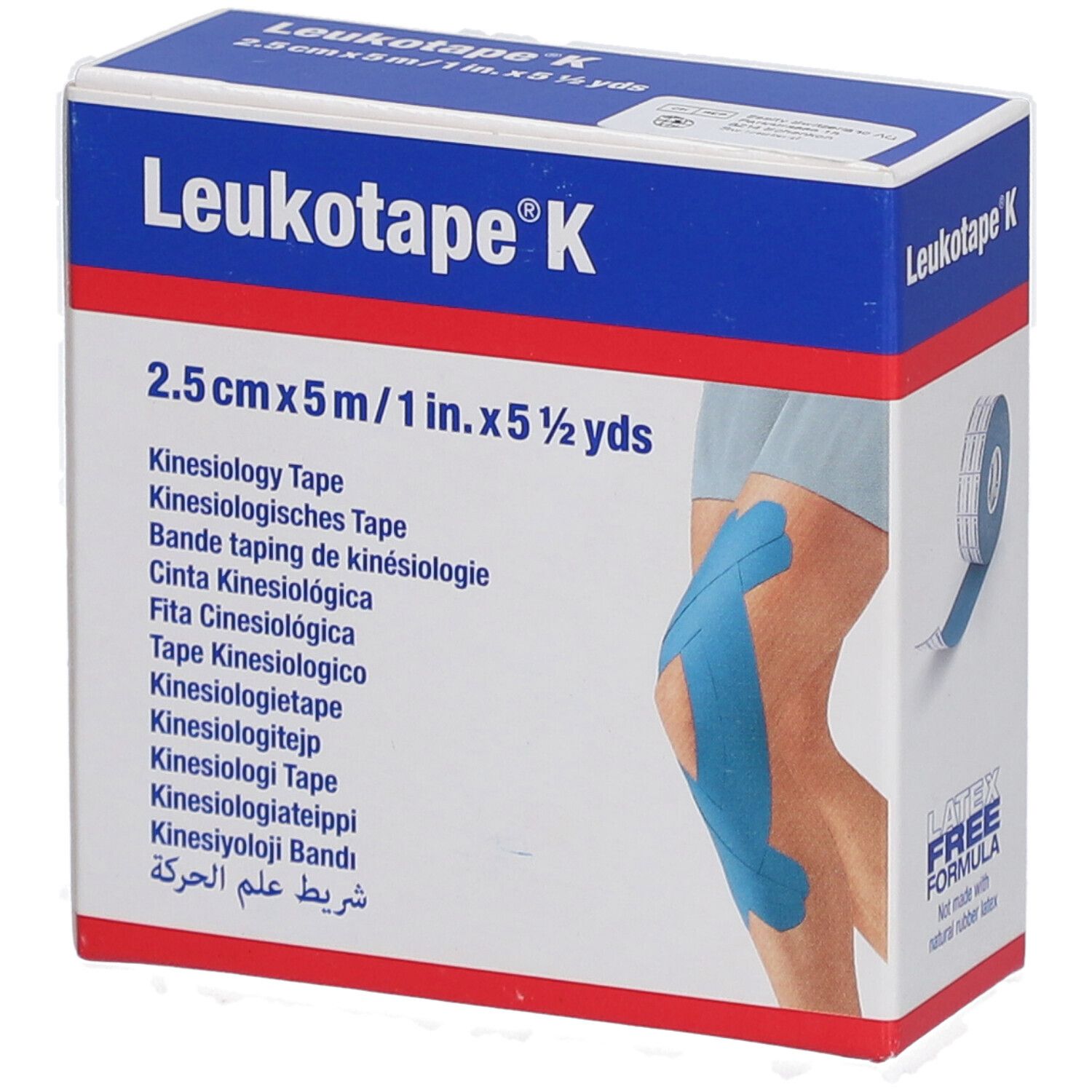 Karton mit Leukotape K. Blaues Tape auf Knie abgebildet. Aufschrift: 2,5 cm x 5 m.
