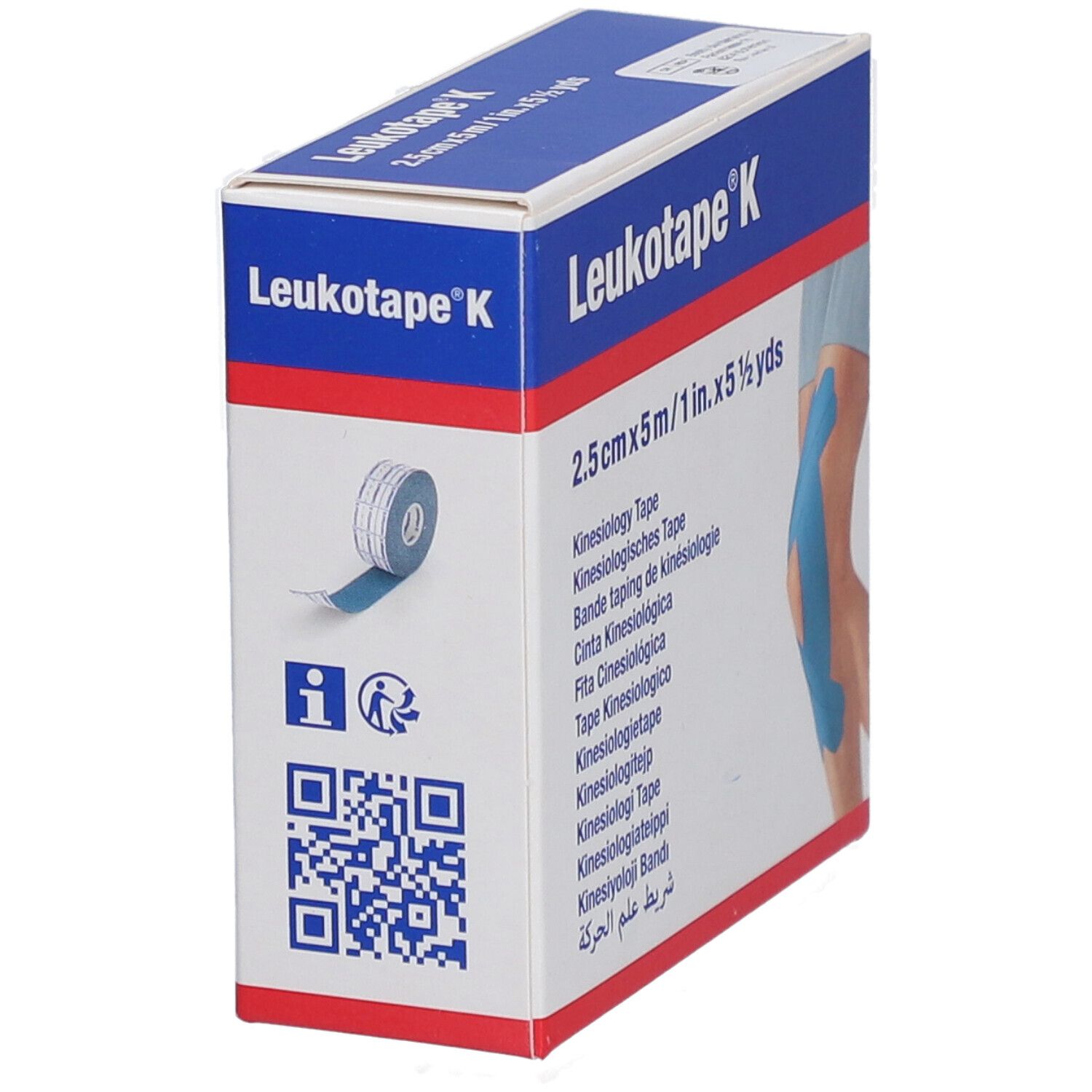 Leukotape K-Box. Blaues Tape-Rolle. QR-Code und Piktogramme. Aufschrift: 2,5 cm x 5 m.