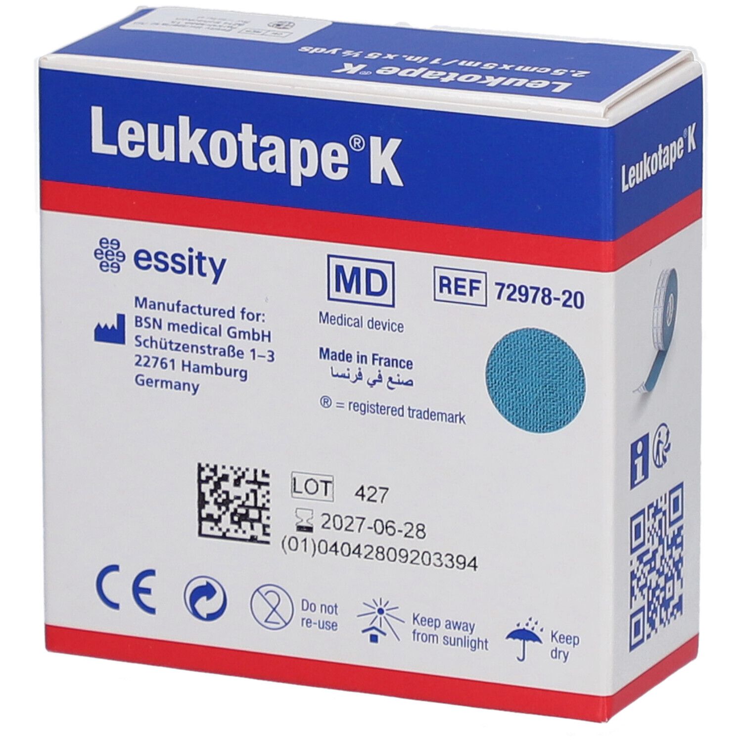 Leukotape K-Box. Medizinprodukt. Herstelleradresse. Chargennummer und Haltbarkeitsdatum. CE-Zeichen.