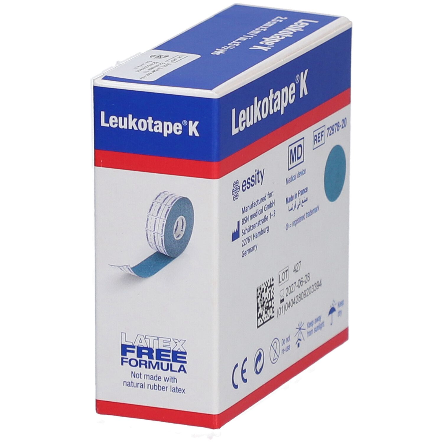 Leukotape K-Box. Latexfreie Formel. Medizinprodukt. Chargennummer und Haltbarkeitsdatum. CE-Zeichen.